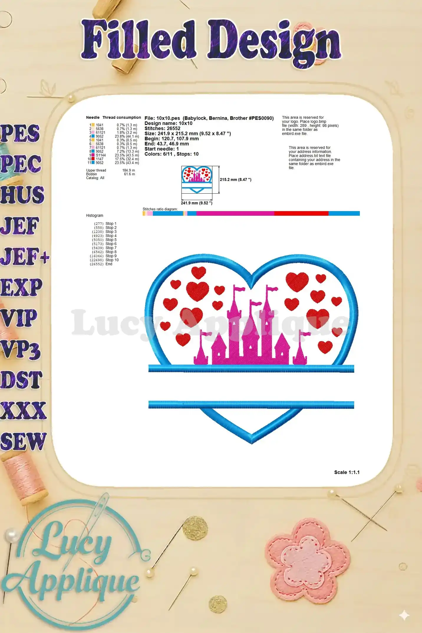 Filled design image with needle thread consumption chart, showing the complete embroidery with thread details and specifications.