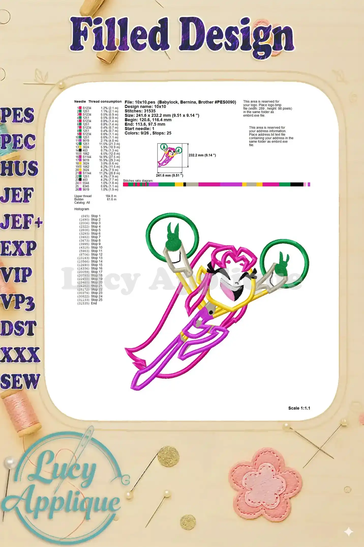 Filled design of Starfire Teen Titans Go applique. Shows the completed design with all colors and stitches in place.