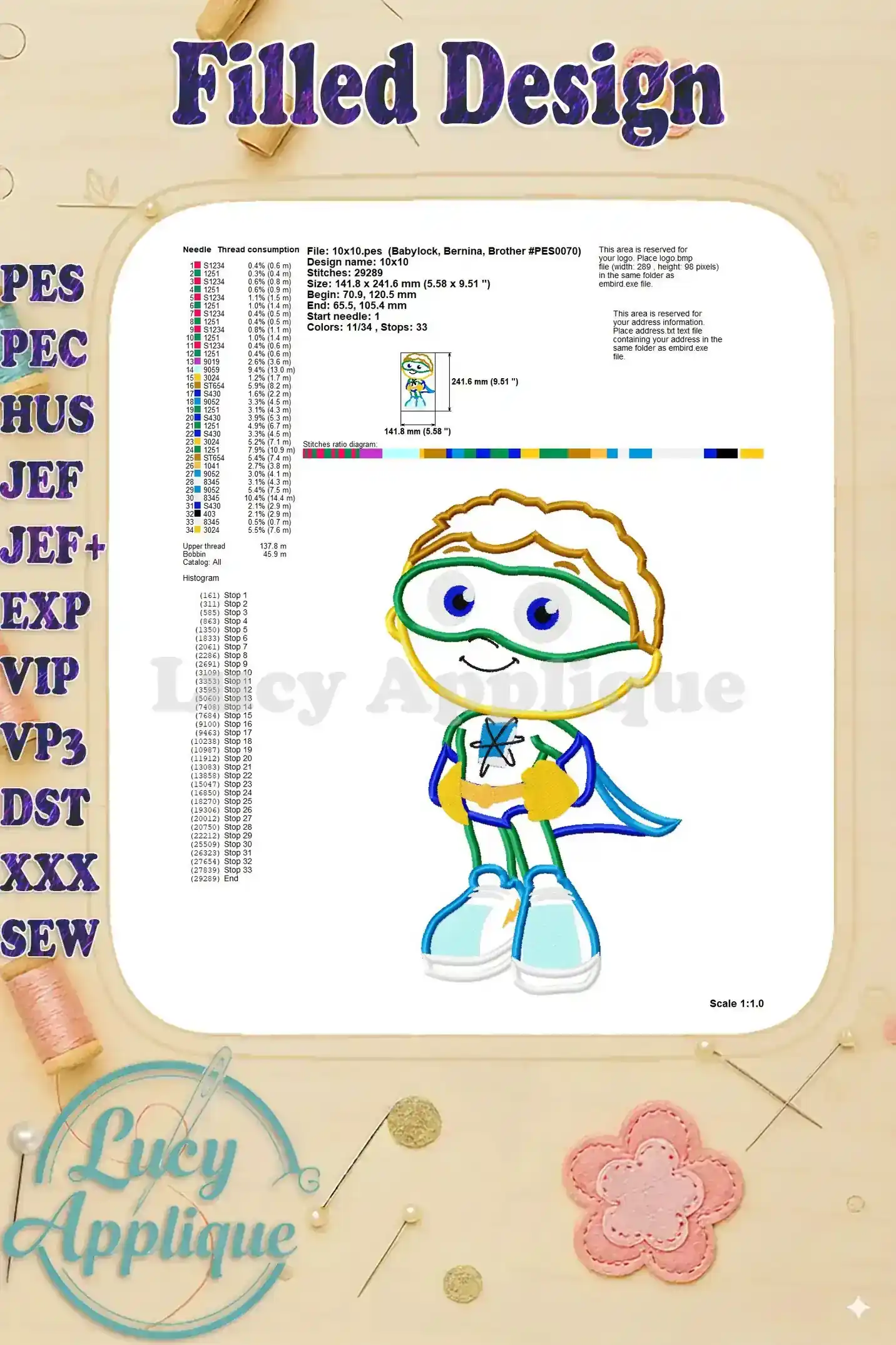 Filled design chart for the Super Why applique, showing detailed information about needle, thread, and stitch counts.