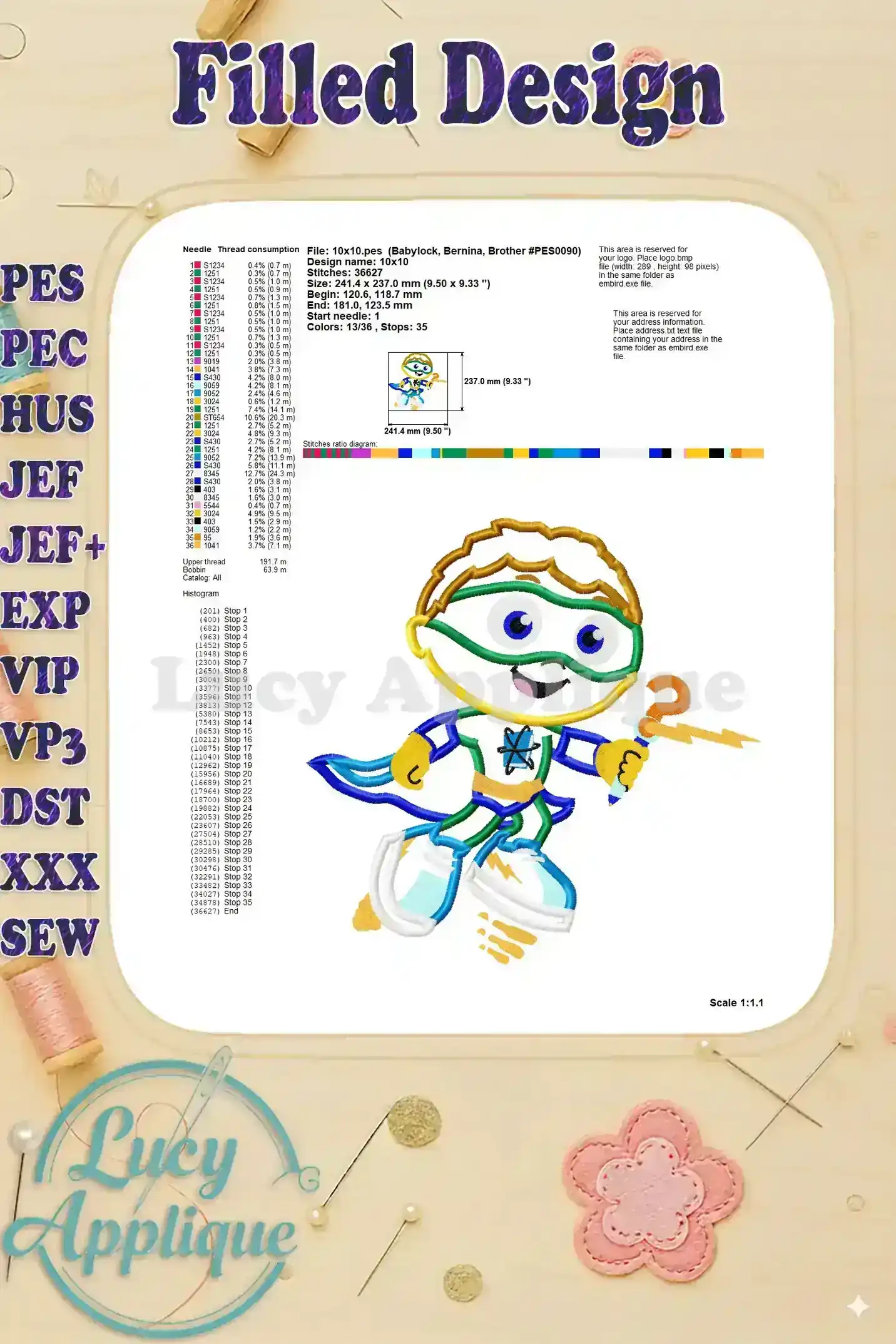 Filled design image showing the detailed stitches and thread usage for the applique. This image provides a comprehensive view of the finished product.