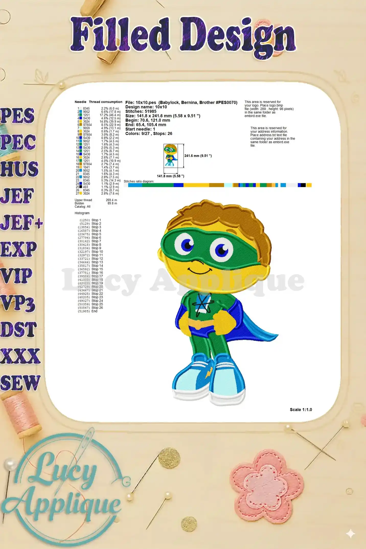 Needle and thread consumption details, along with design dimensions, for the Super Why filled embroidery design.