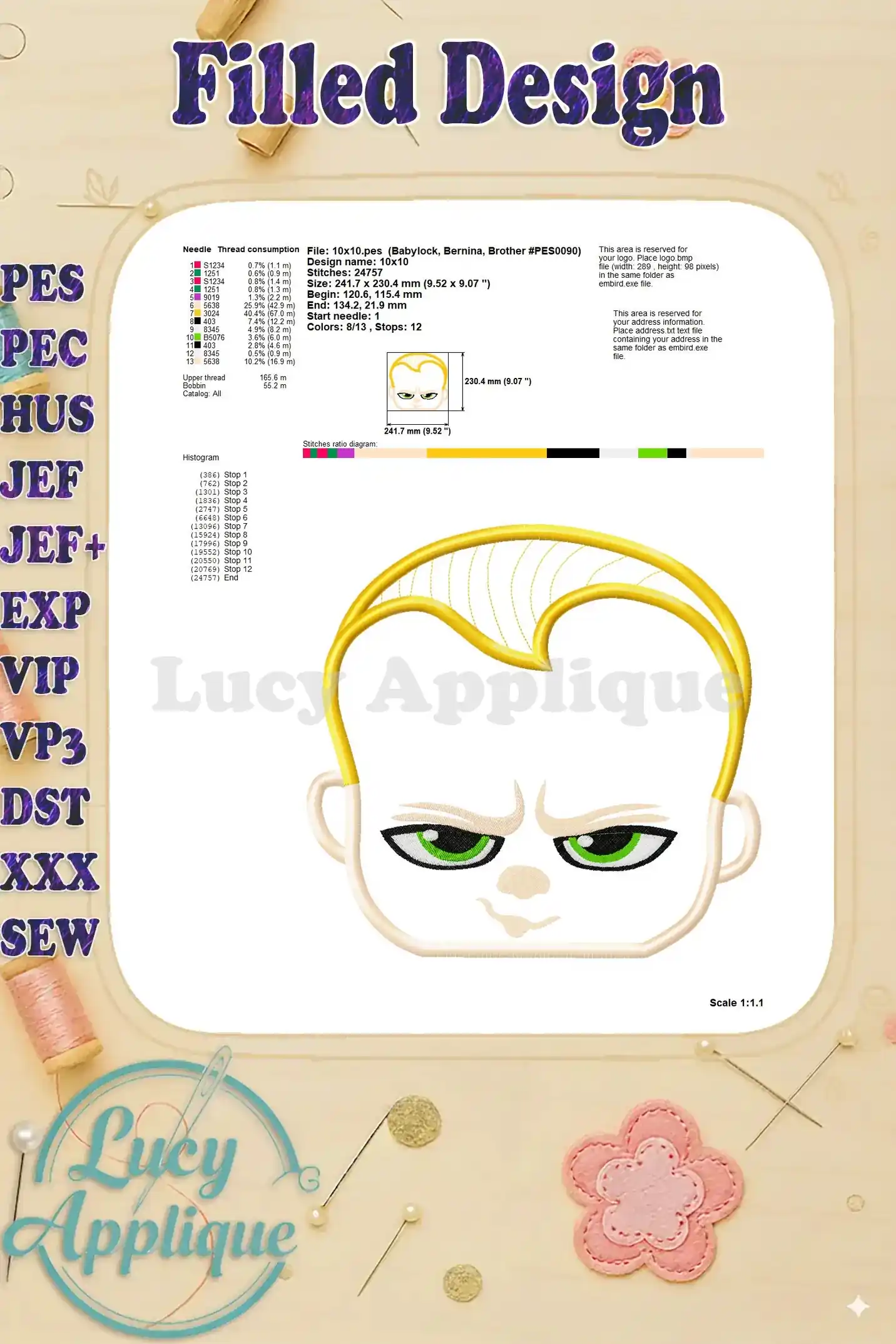 Detailed information on needle, thread, and fabric specifications for embroidering The Boss Baby applique.