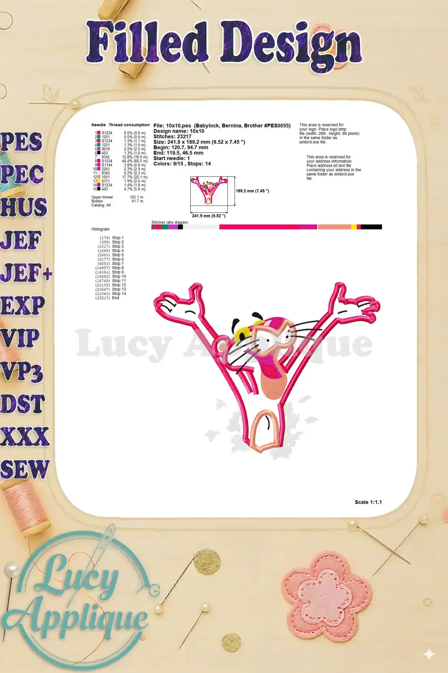 Filled design details for the Pink Panther applique, including needle consumption, stitch count, and other technical specifications.