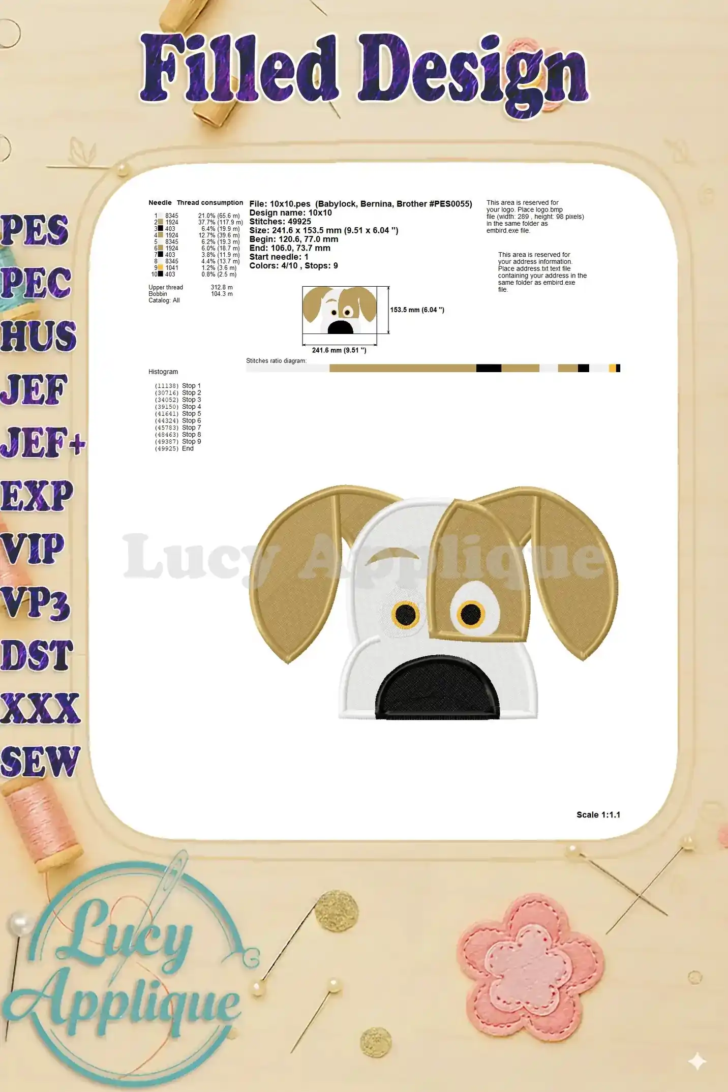 Needle and thread chart for the Max applique embroidery design, including details on fabric type, thread count, and stitch settings.