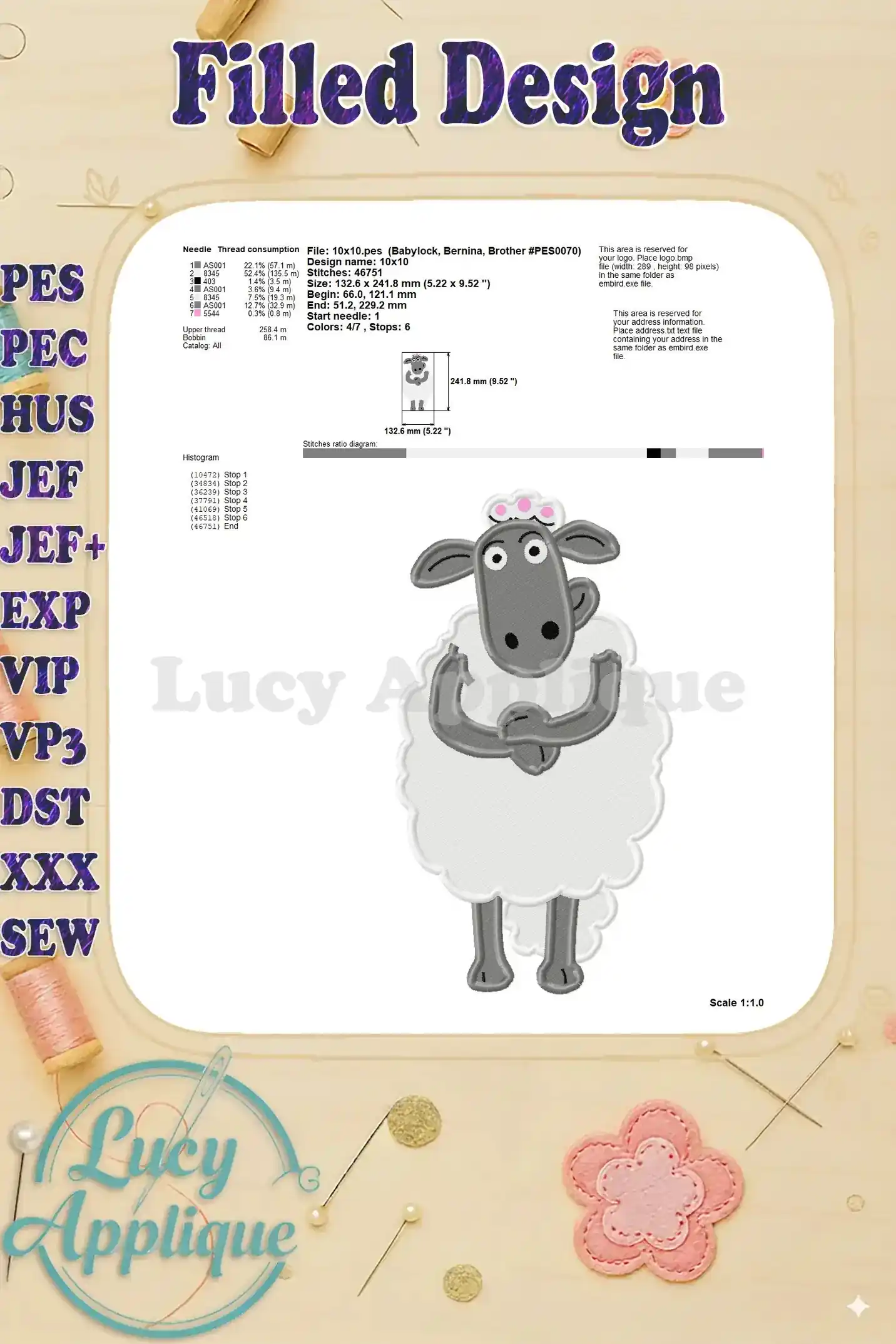 Needle and thread consumption chart for the Timmy Mother Shaun the Sheep filled embroidery design, specifying needle size, thread type, and stitch details.