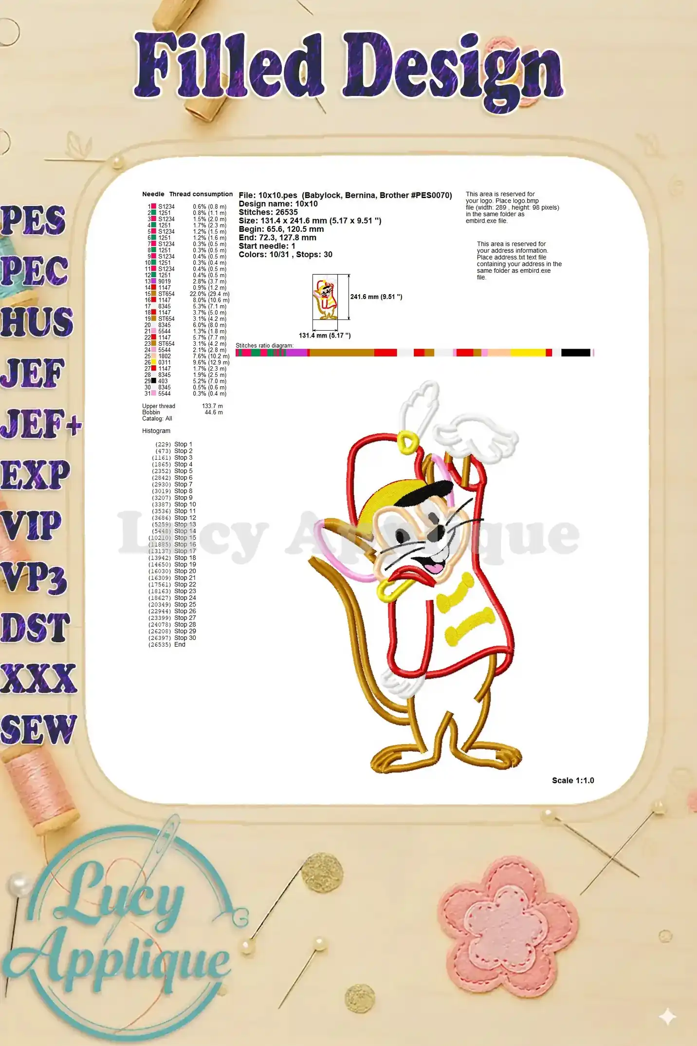 Filled design details for the Timothy Q. Mouse applique embroidery design, including needle, thread, and stitch count information.