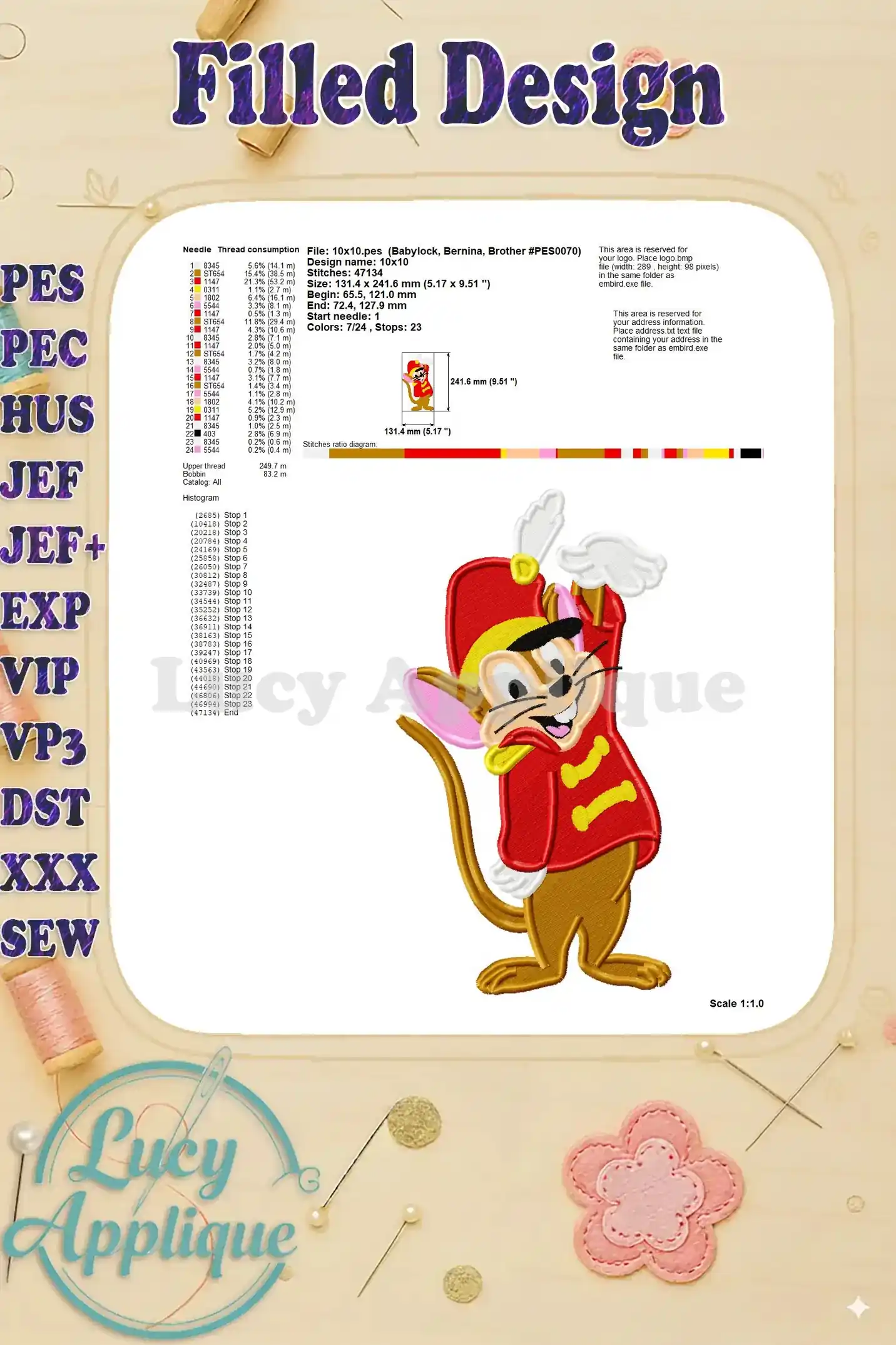 Embroidery design of Timothy Q Mouse in a red and gold uniform, showing the design scaled to 1:1.0, with stitch and thread information.