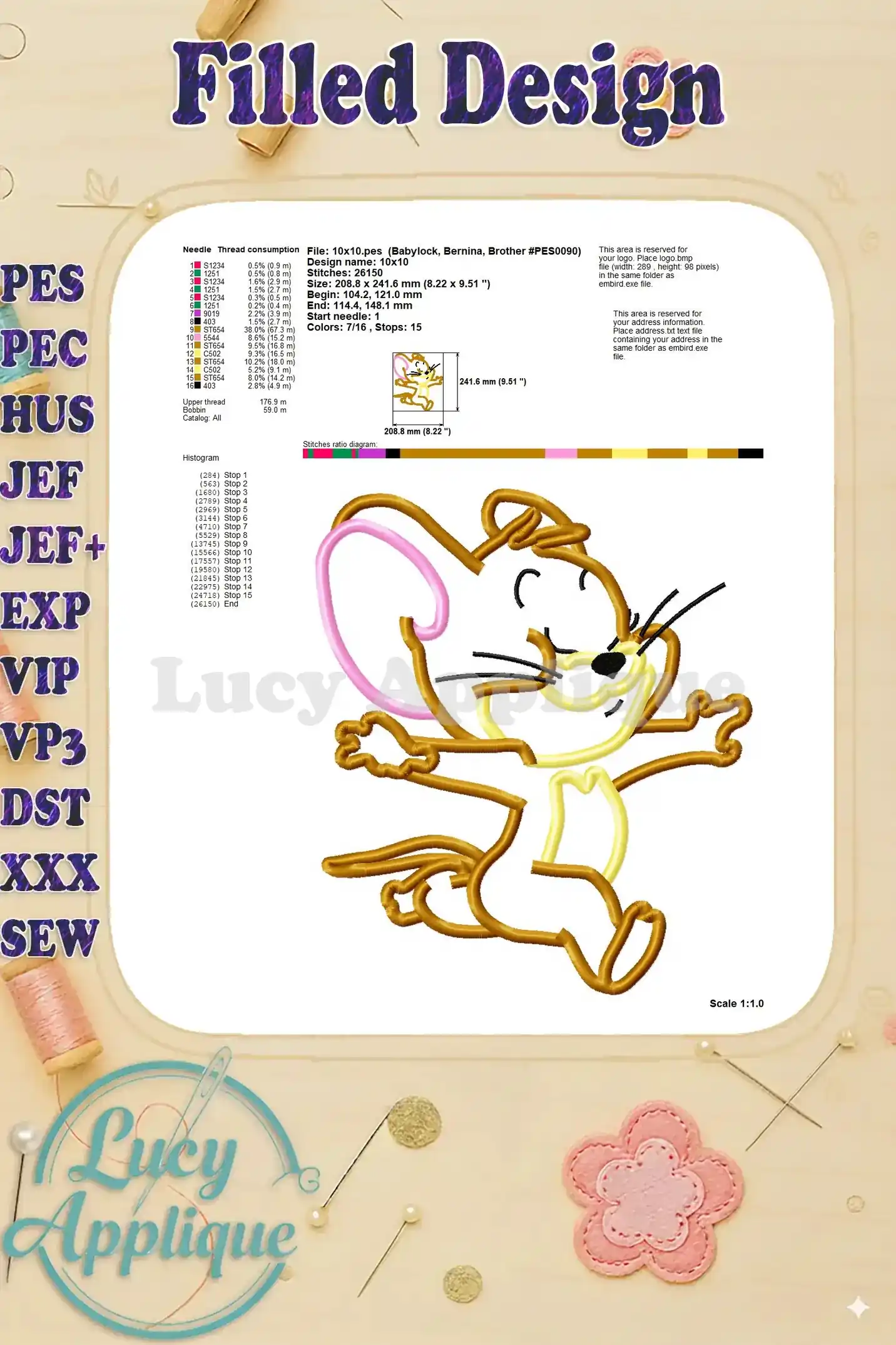 Detailed filled design showcasing the completed Tom and Jerry applique with dimensions and thread usage information.