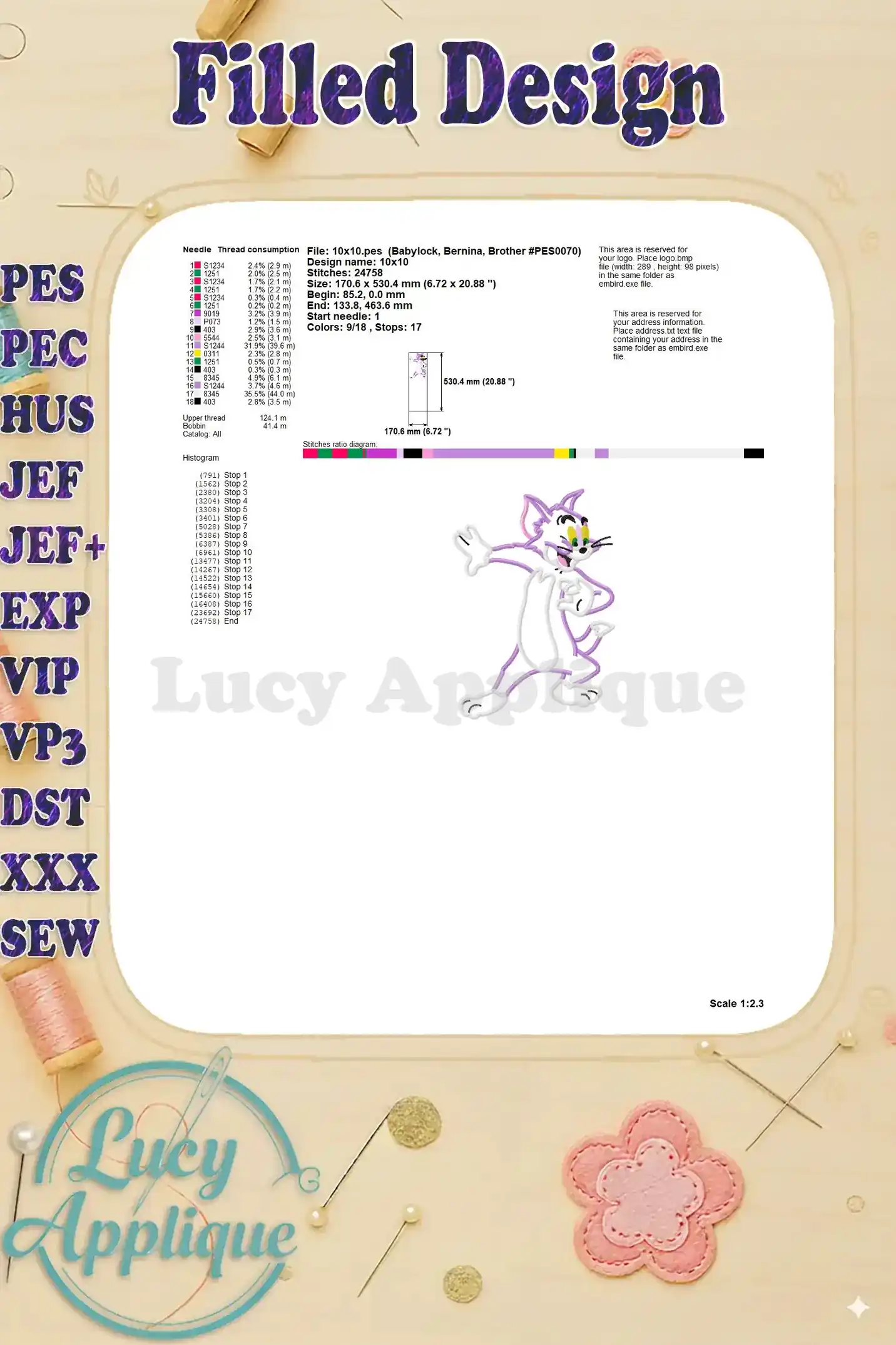Filled design showing the completed Tom and Jerry applique embroidery design, showcasing the final look after stitching.