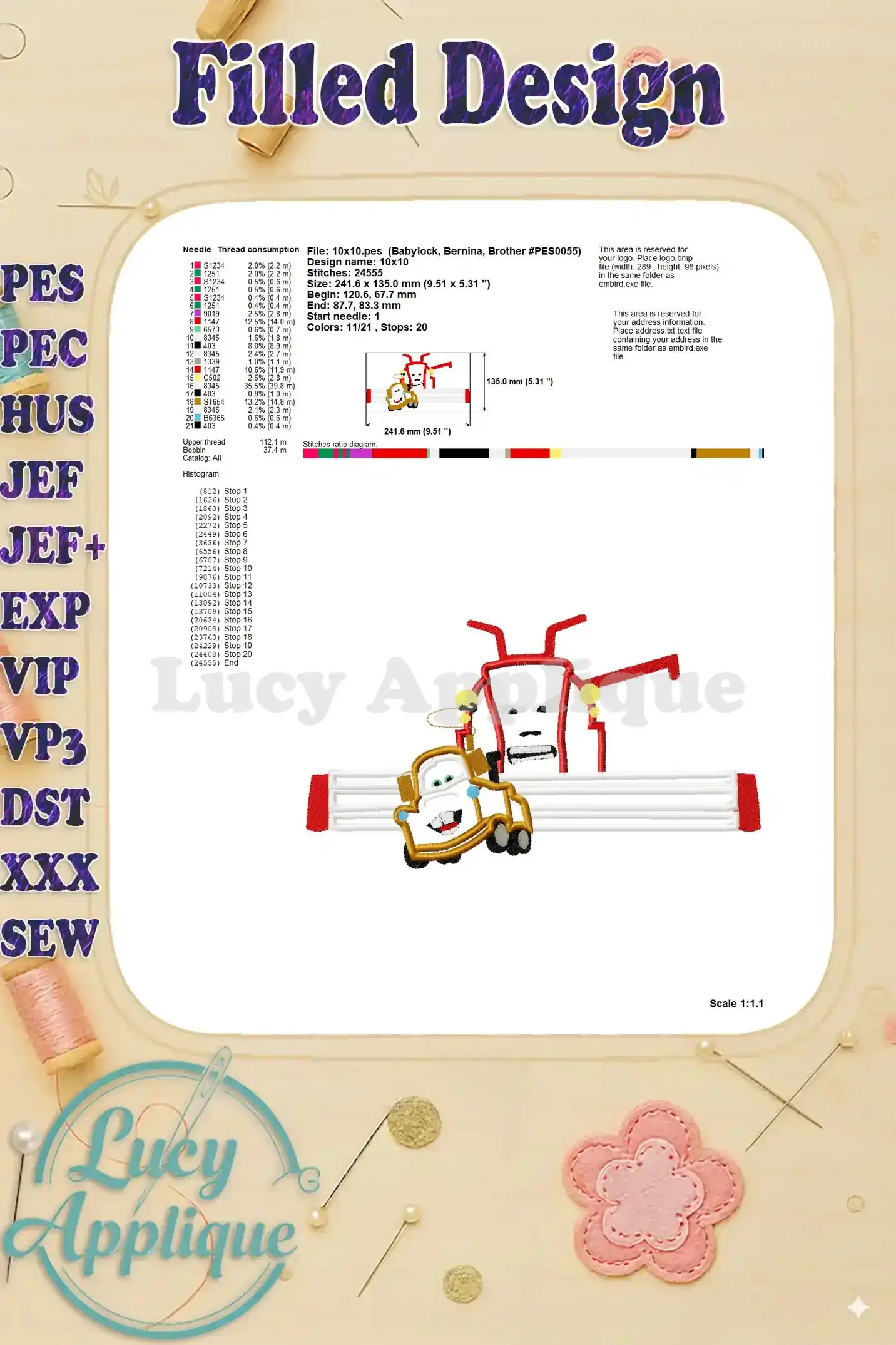 Needle thread consumption chart and other technical details for the Tractor Tipping and Mater applique embroidery design.