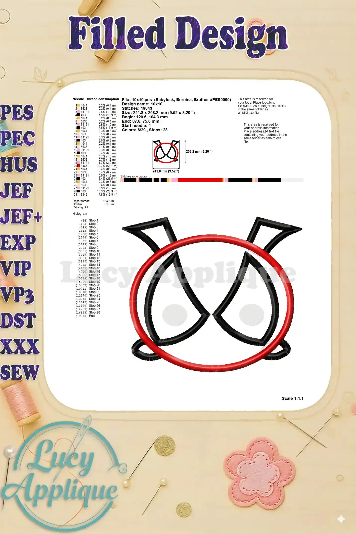 A filled design chart for the Tsum Tsum Deadpool applique embroidery design, showing the completed design and thread usage details for reference.