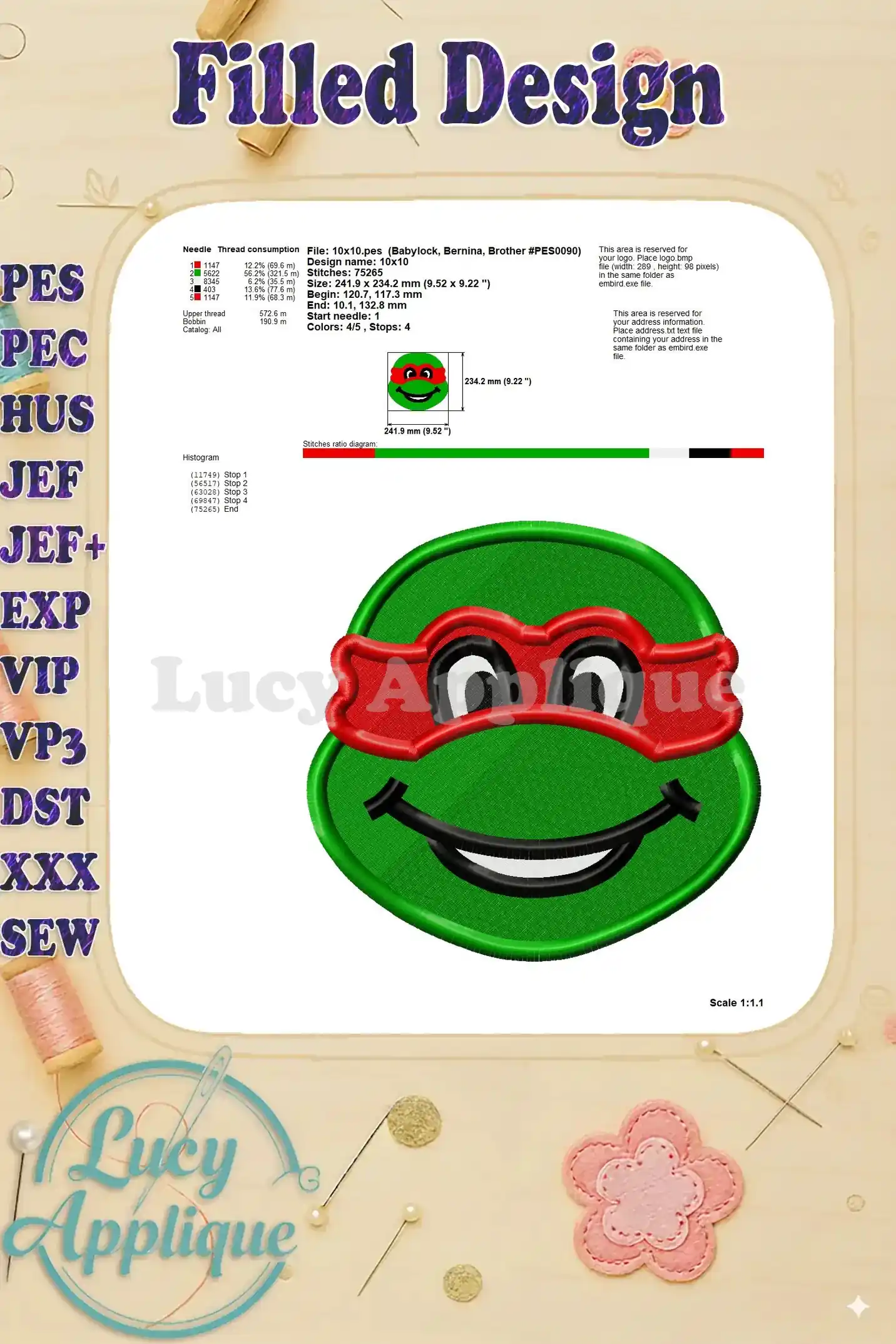 Detailed information about needle consumption, design dimensions, and stitch details for the Raphael embroidery design.