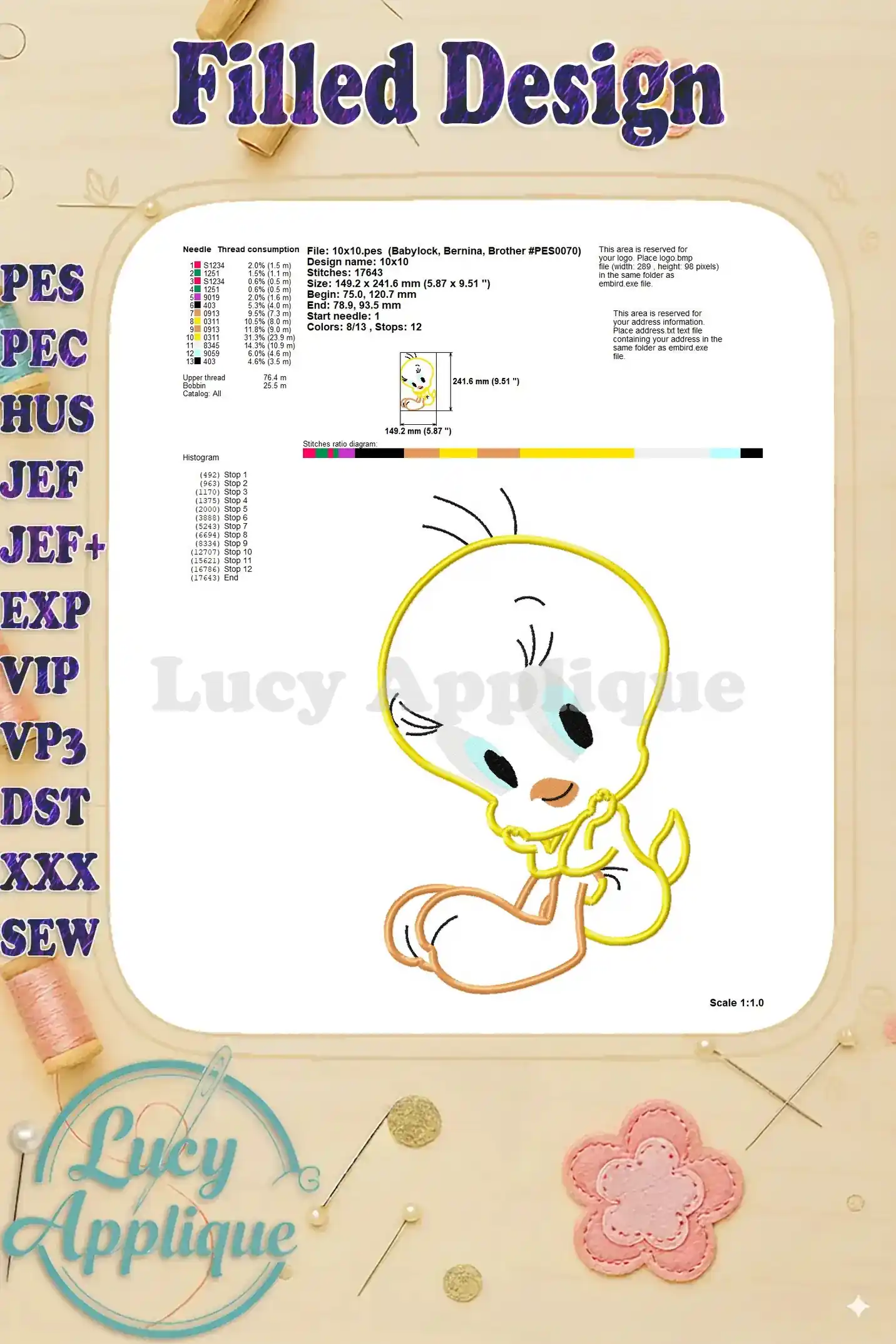 Detailed filled design image of Tweety Bird applique, with needle and thread information. Useful for understanding the design's technical specifications.