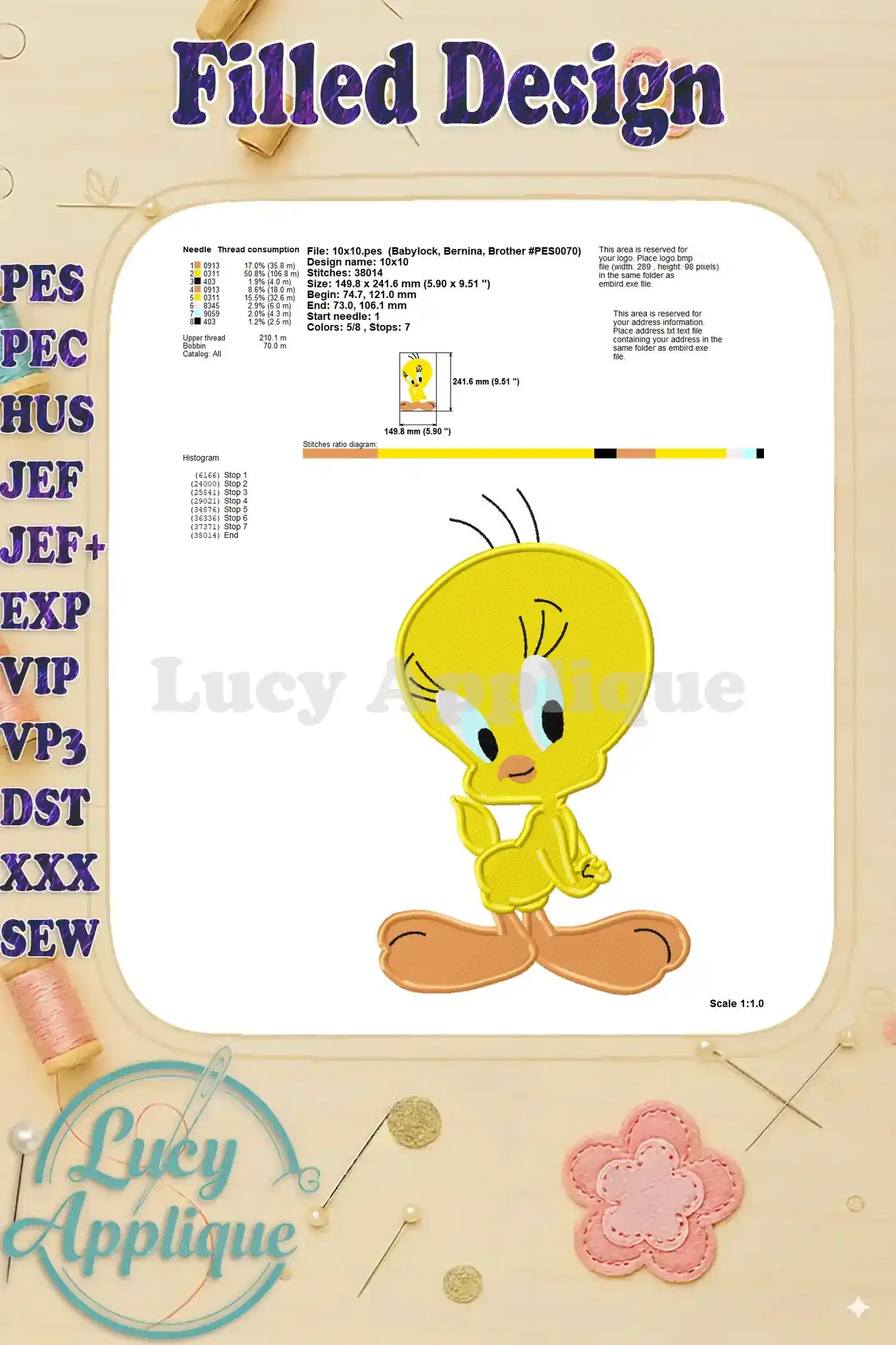 Needle thread consumption chart and design specifications for Tweety Bird embroidery. This provides important information for the embroidery process.