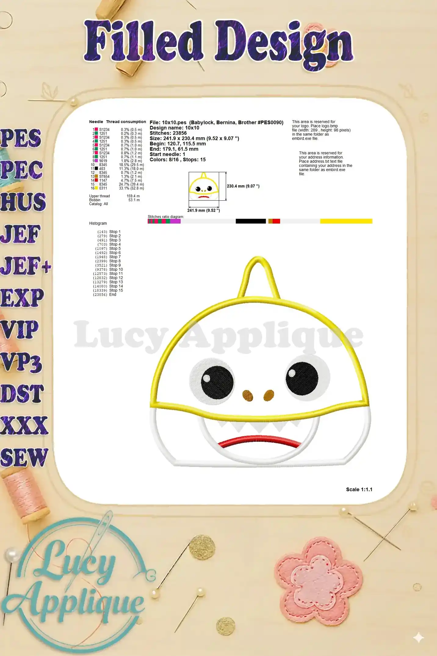 Detailed information about the Baby Shark applique embroidery design, including thread consumption, stitch count, and design dimensions. Ideal for planning your project.