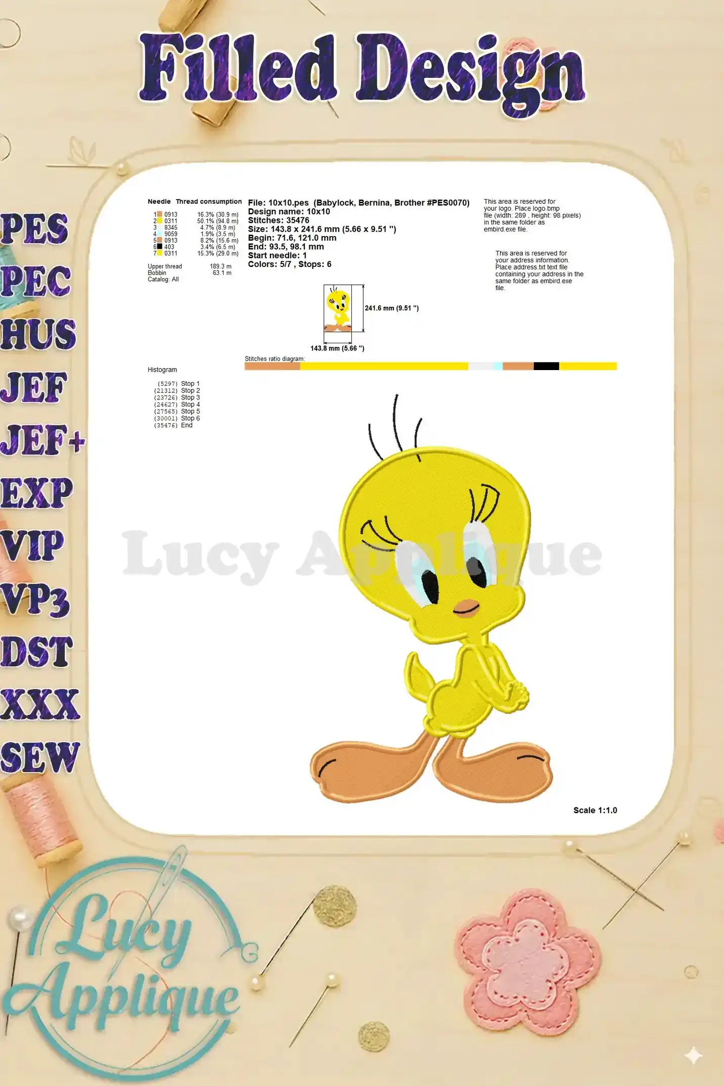 Tweety Bird embroidery design showing needle and thread details. A comprehensive overview of design dimensions and stitch count.