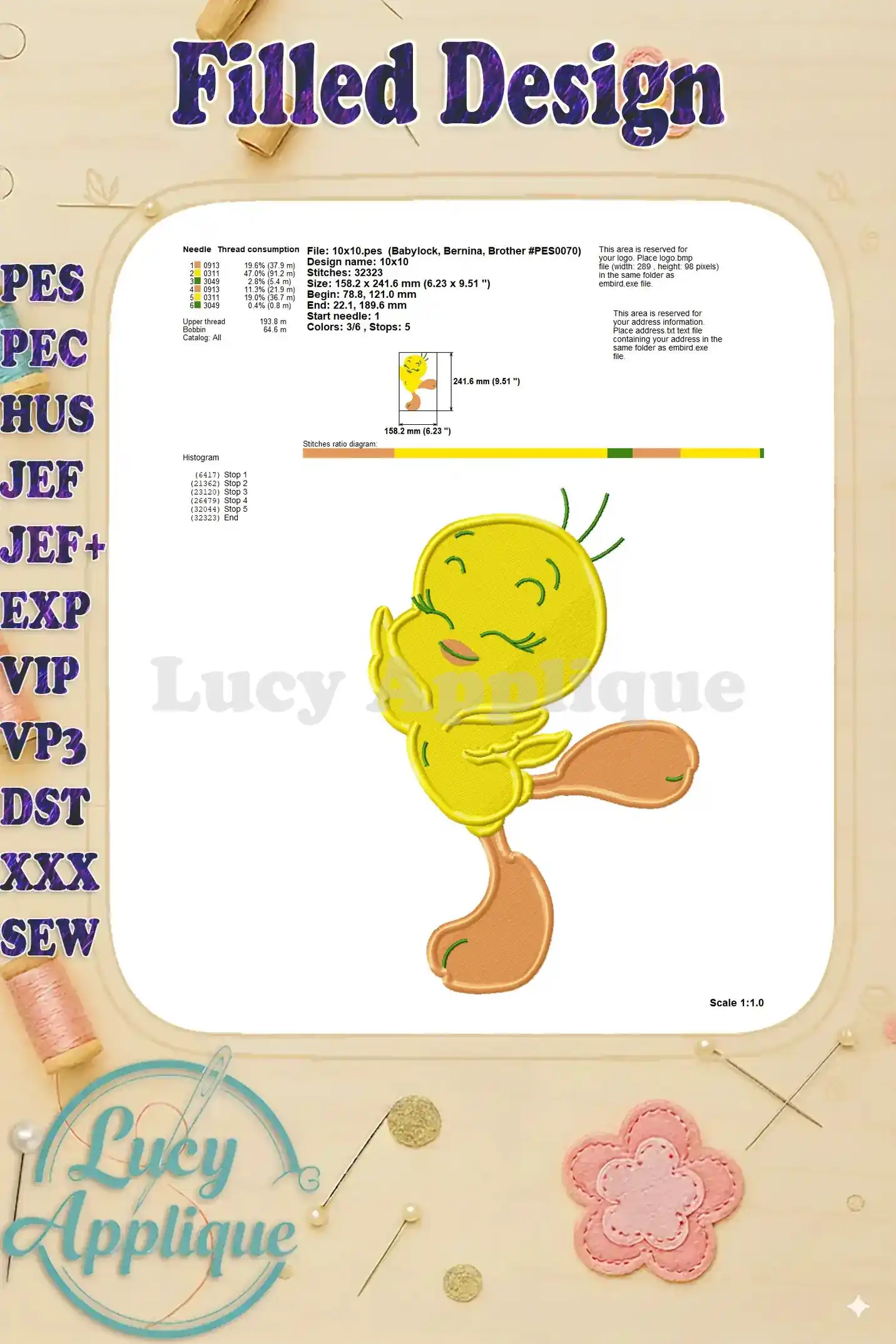 Detailed information on needle, thread consumption, and design dimensions for the Tweety Bird embroidery.