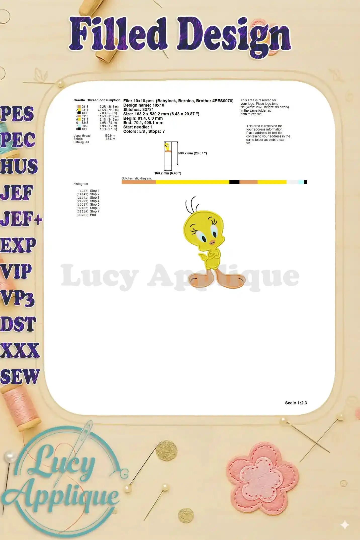 Needle and thread information for Tweety Bird embroidery, including needle size, thread consumption, and design dimensions. Essential for project preparation.