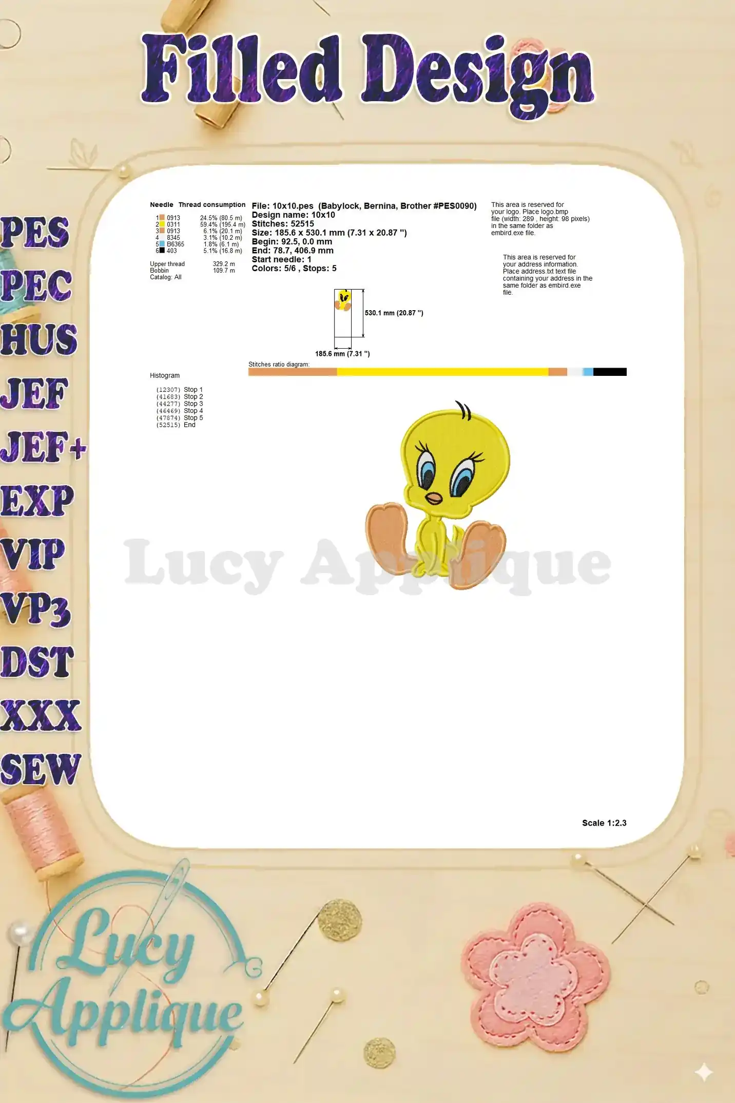 Detailed information about the Tweety Bird embroidery design, including needle consumption, design size, and stitch density. Helpful for preparation.