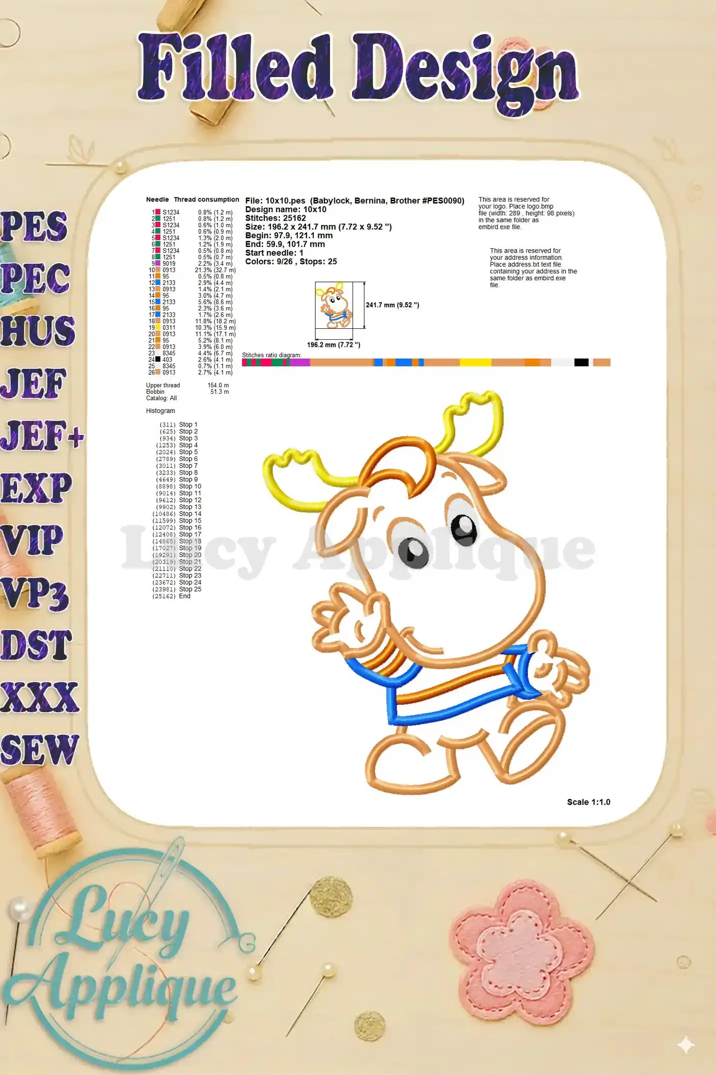 Detailed information chart for the Tyrone Backyardigans applique design. This chart provides comprehensive details like stitch count, hoop size, and thread consumption.