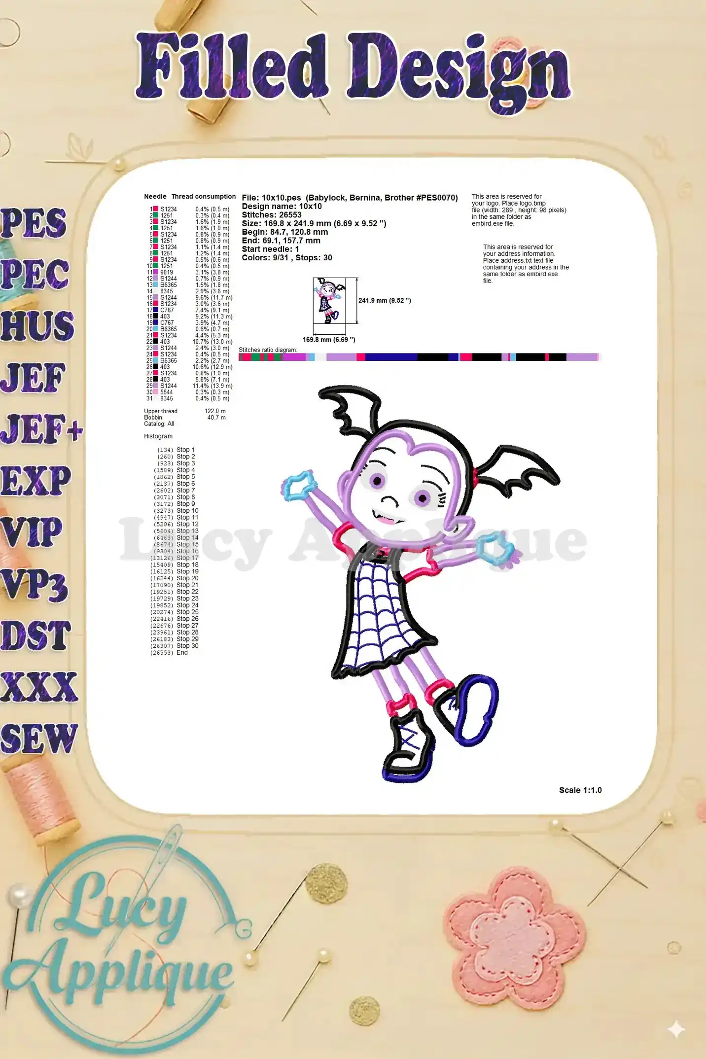 Filled design chart for the Vampirina applique, showing the completed design with thread color codes. This allows users to visualize the finished product.