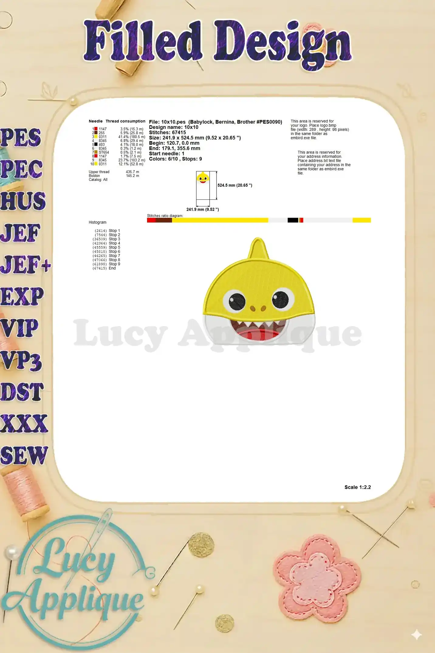 Baby Shark Embroidery Design - Needle & Thread Details. Comprehensive information about needle and thread requirements for the design.