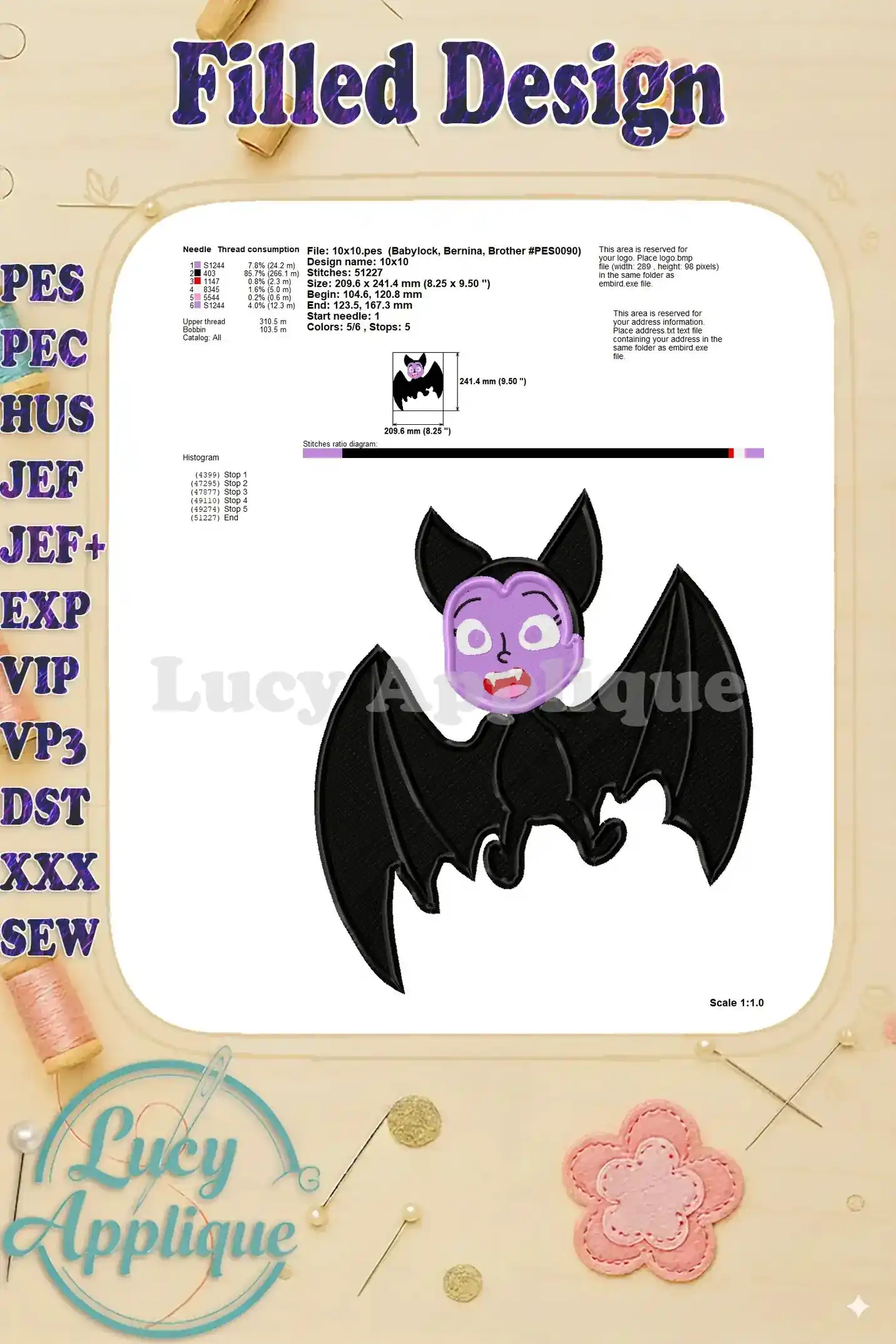 Technical specifications for the Vampirina bat embroidery design, including hoop size, stitch count, and thread consumption.