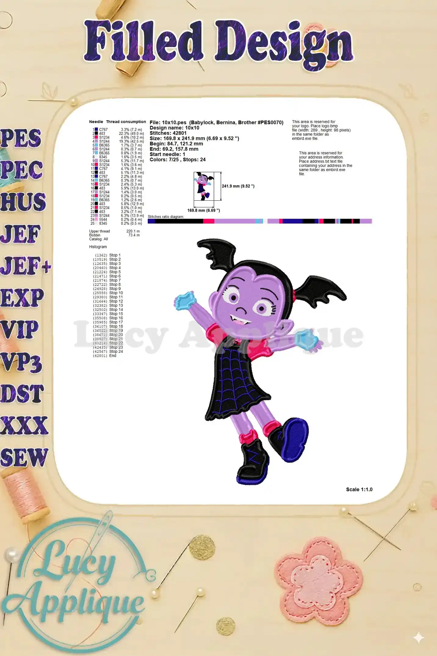 Needle thread consumption chart and design specifications for the Vampirina embroidery design, providing essential details for the project.