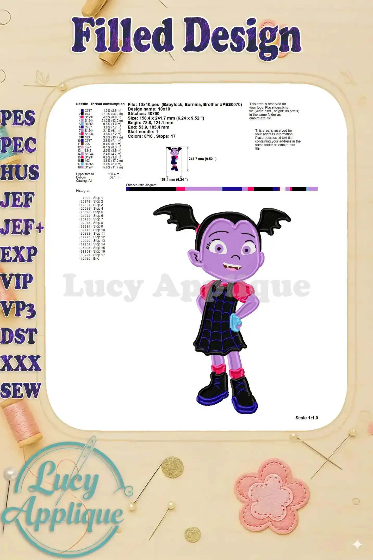 Detailed diagram of the Vampirina embroidery design, showing stitch count, needle size, and fabric information.