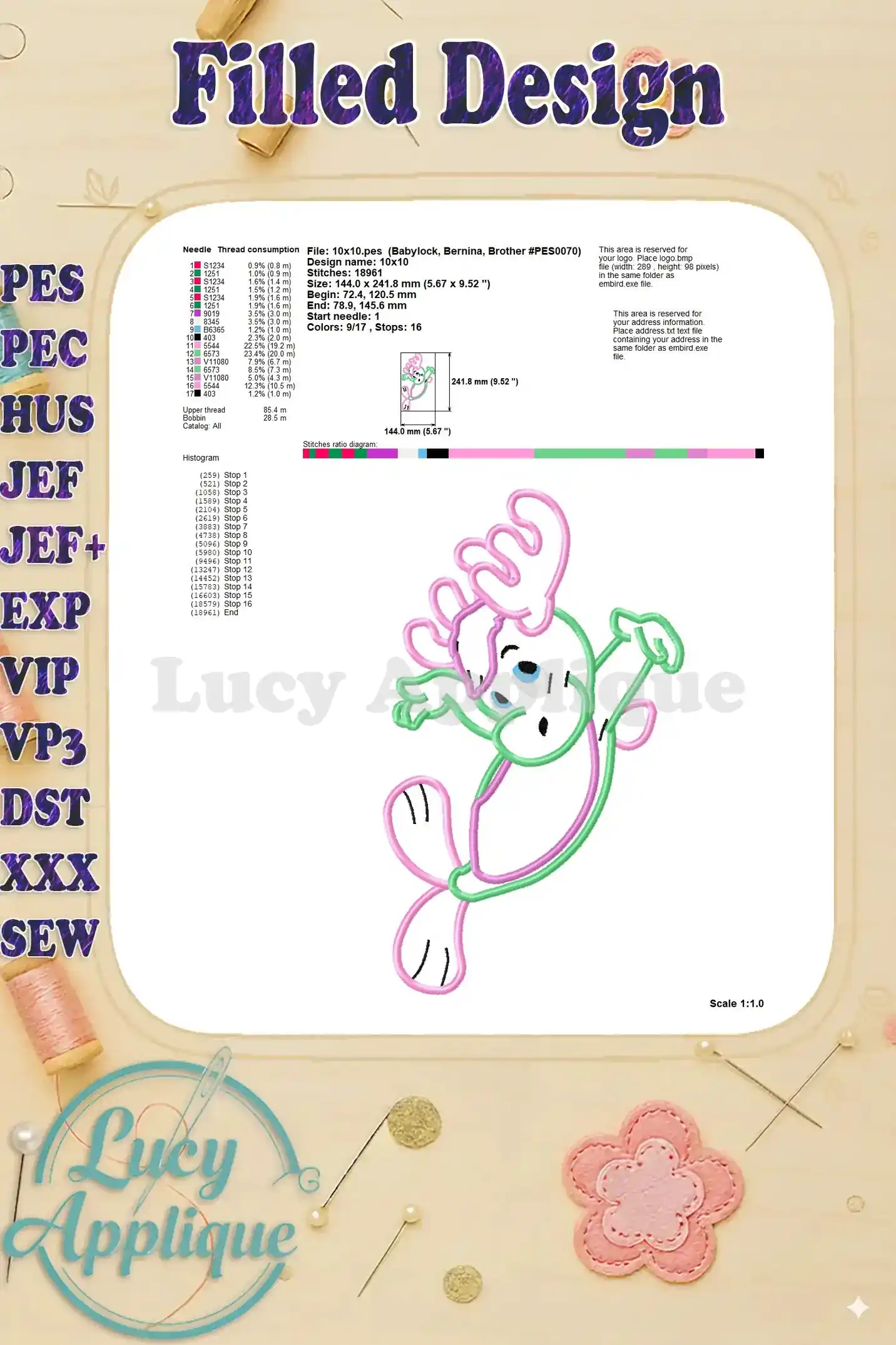 Detailed filled design specifications for the Woolrus the Wuzzles applique, including needle, thread, and stitch information.