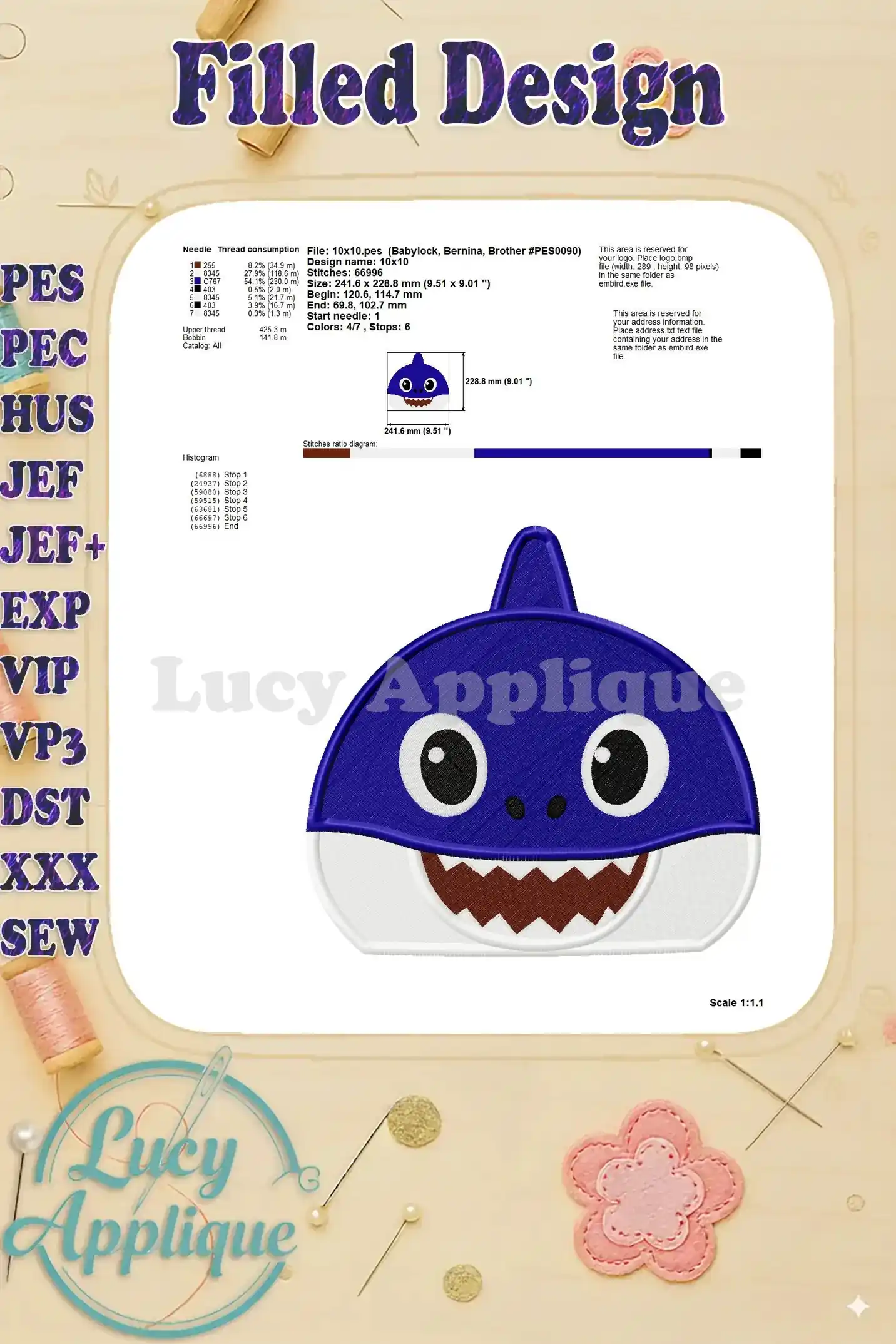 Needle thread consumption chart and design specifications for the Baby Shark embroidery design.