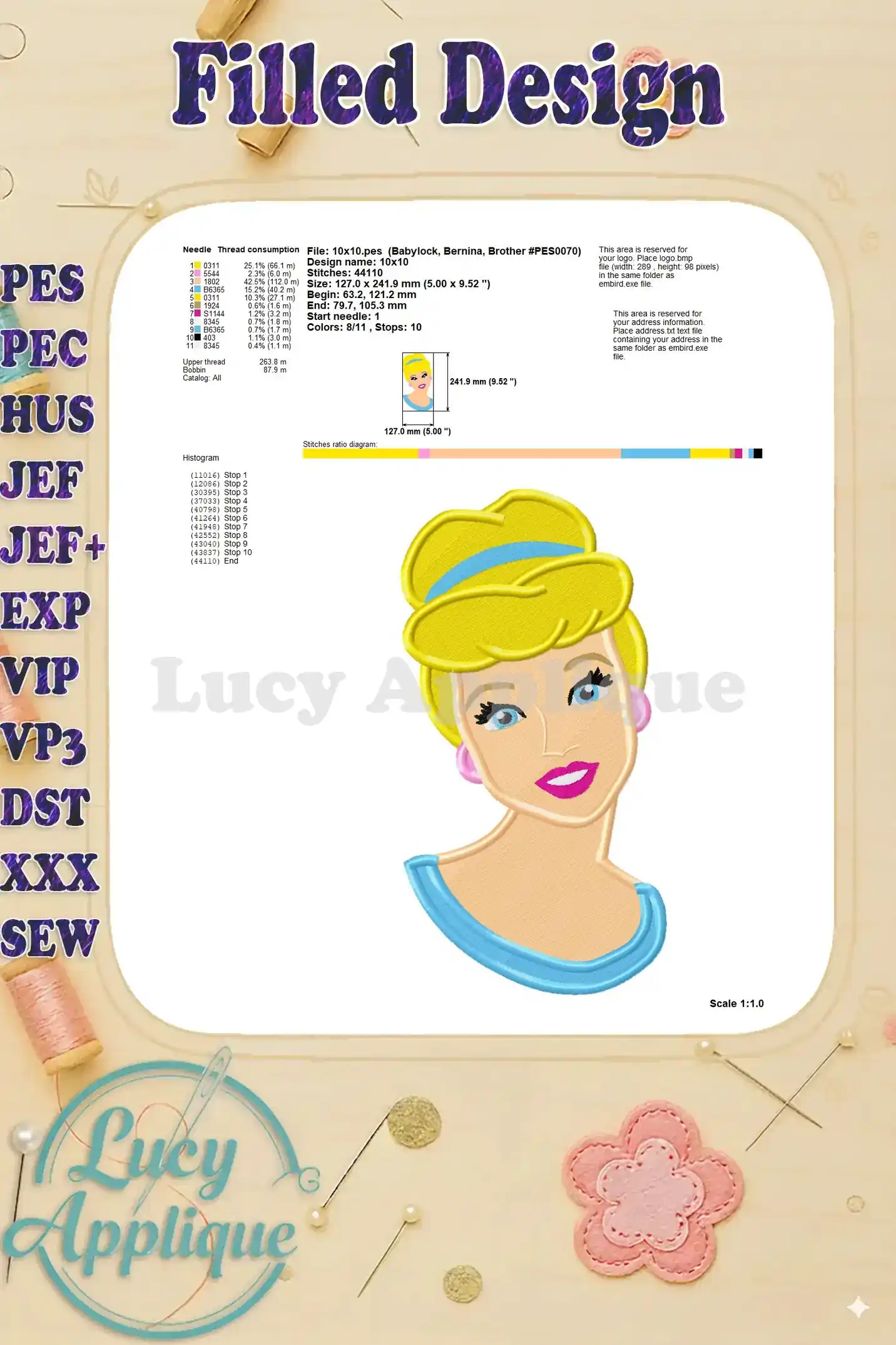 Needle and thread information for the Cinderella embroidery design, including the design size, stitch count, and needle type suggestions.
