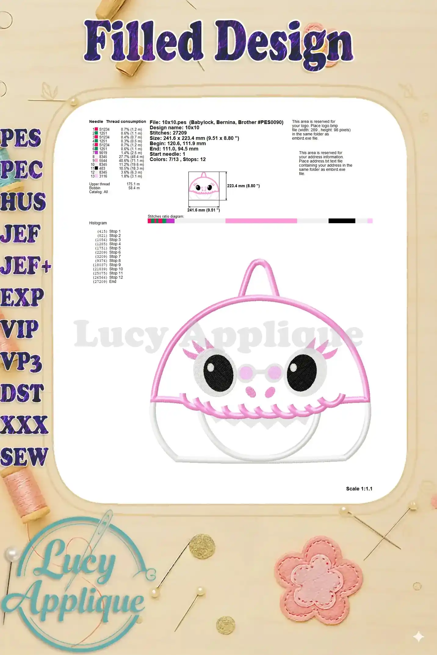 Detailed information about the filled design, including thread consumption, stitch diagram, and design size. Helpful for planning your project.