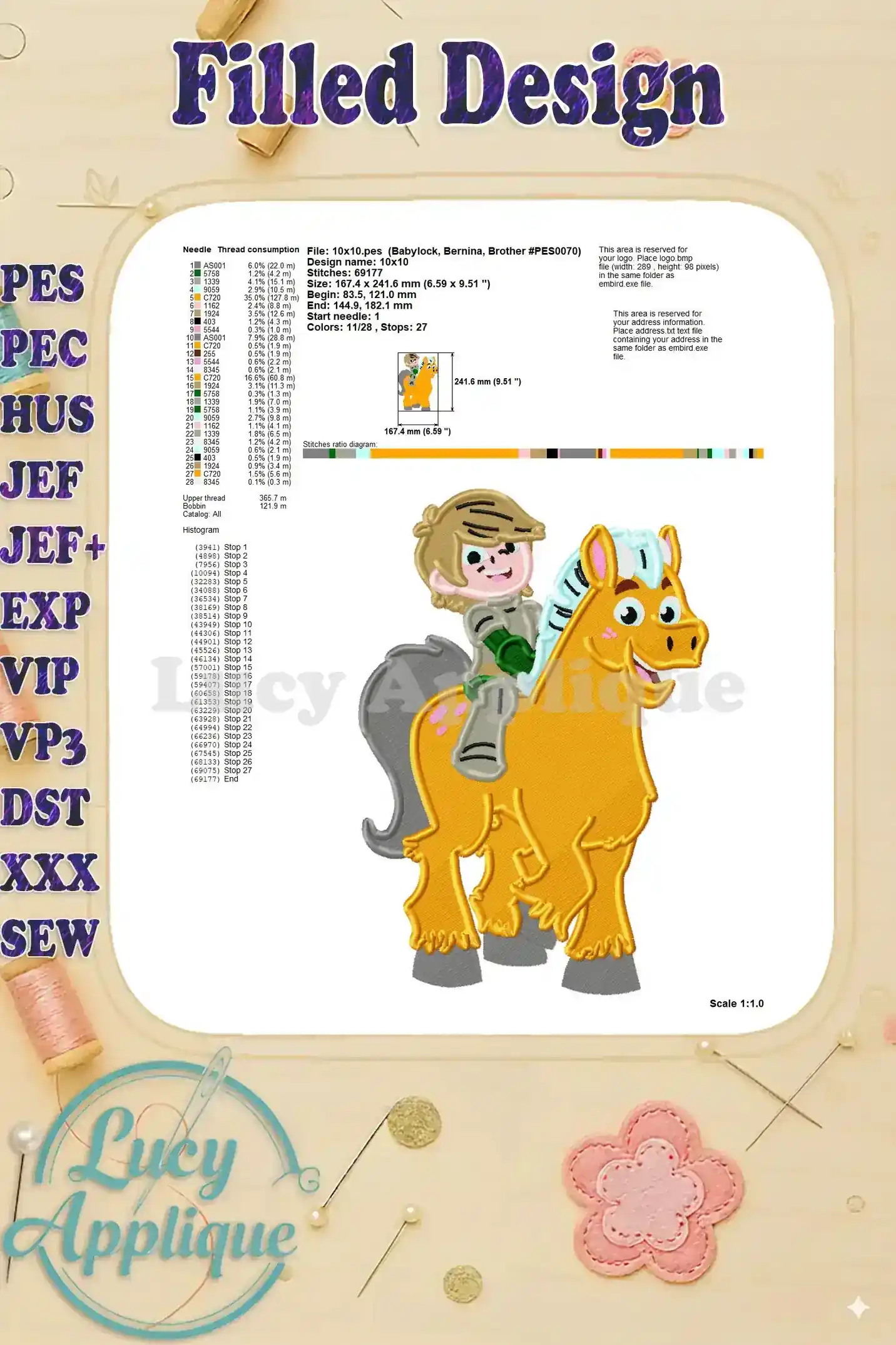 Needle thread consumption chart for the Princess Knight fill embroidery design, specifying thread length and color details.