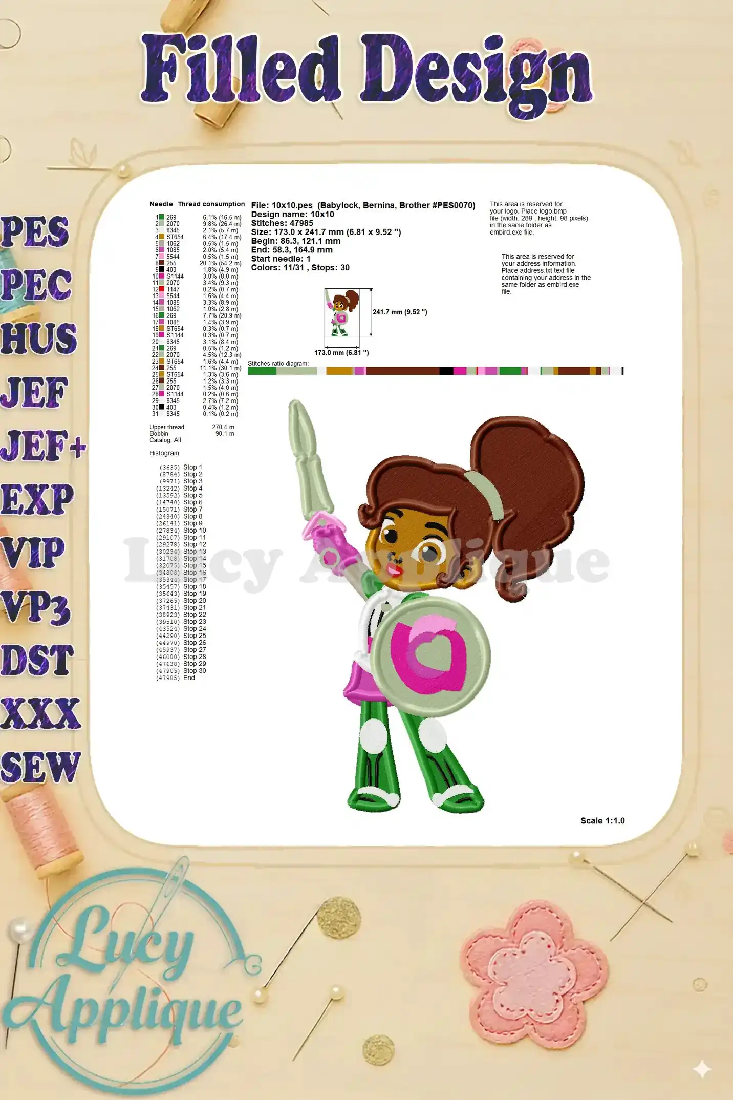 Additional image displaying the design's details, such as stitch count, dimensions, and thread usage. Helpful for planning your embroidery project.