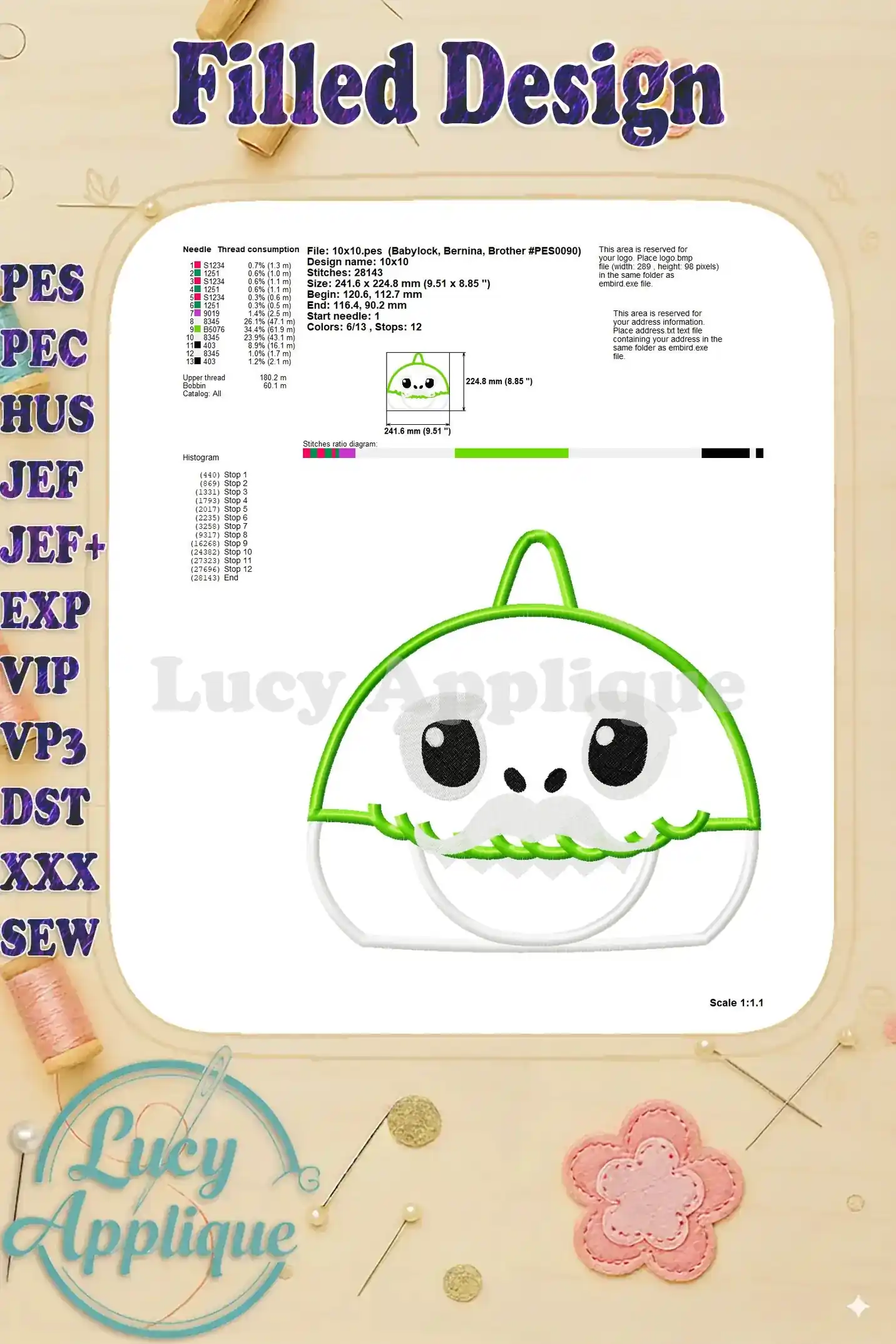 Detailed information of the filled Grandpa Shark applique embroidery design including needle consumption, stitch diagram, design size and more.