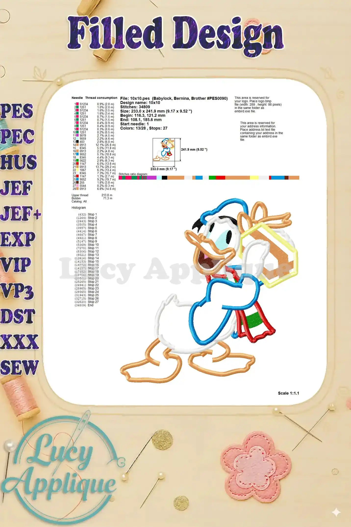 Detailed information about the filled Donald Duck birthday applique design, including thread consumption, stitch count, and other relevant details.
