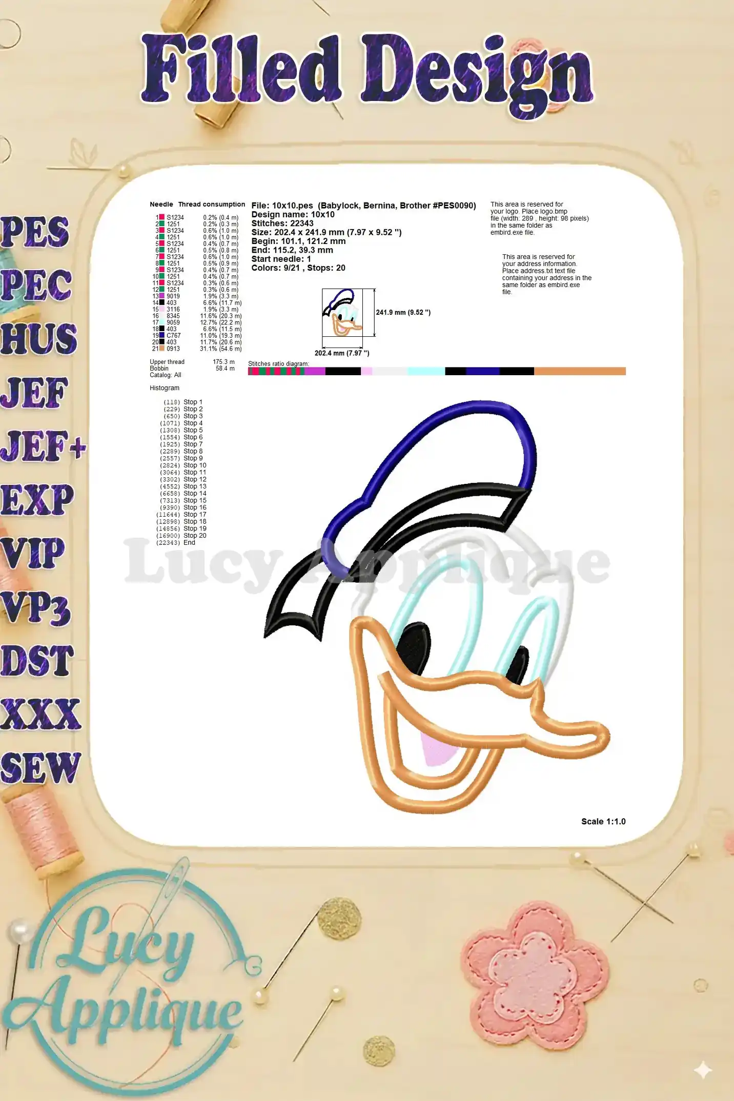 Detailed information sheet for the filled design of the Donald Duck applique embroidery, including thread consumption, stitch details, and design dimensions.