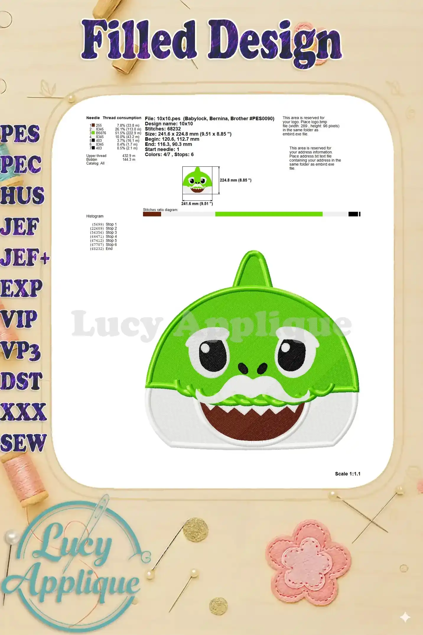 Needle thread consumption chart and design specs for Grandpa Shark embroidery. Provides key information like stitch count and design dimensions.