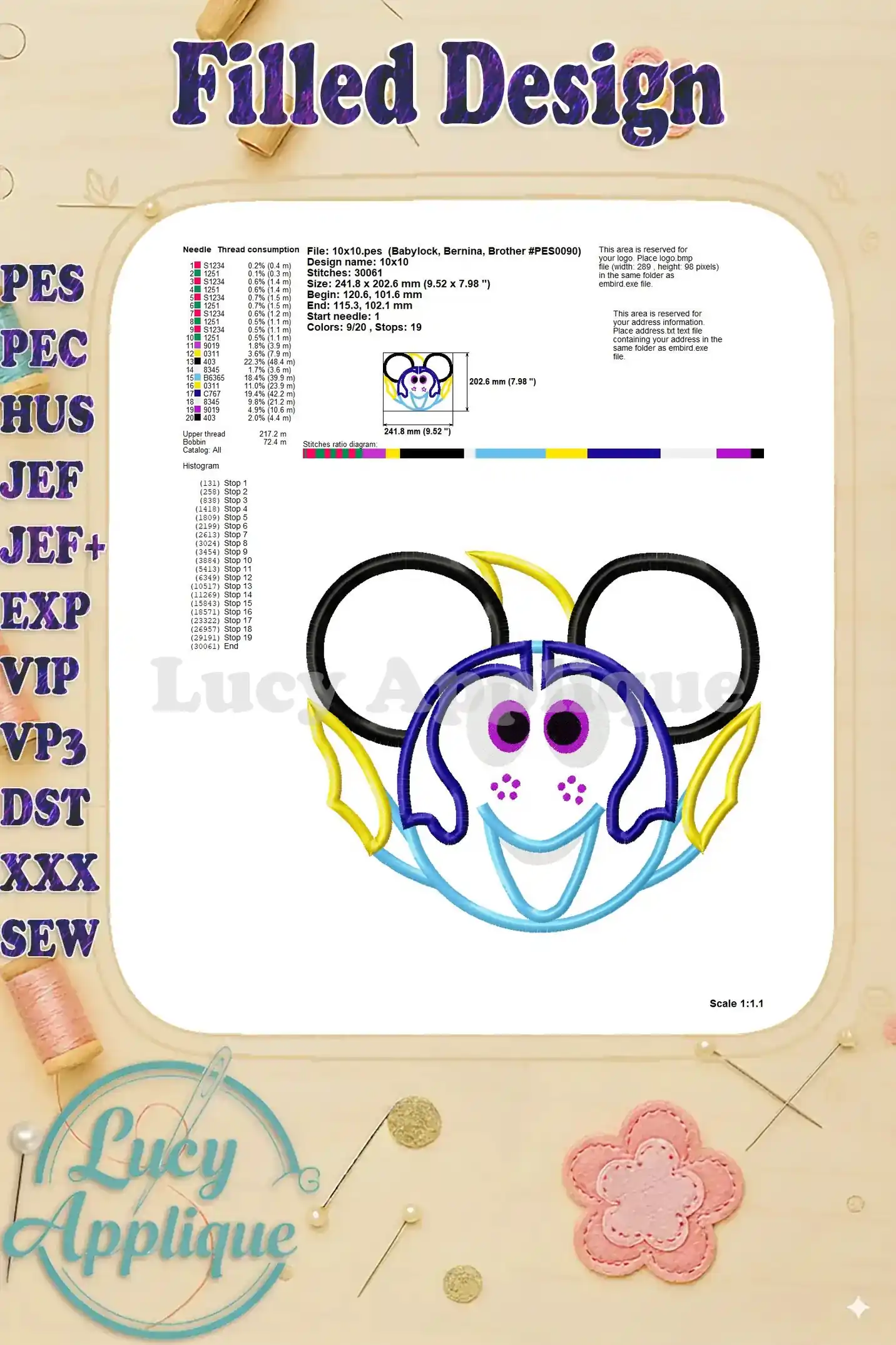 A detailed filled design showing the completed Finding Dory applique embroidery design, giving embroiderers a visual representation of the finished product.