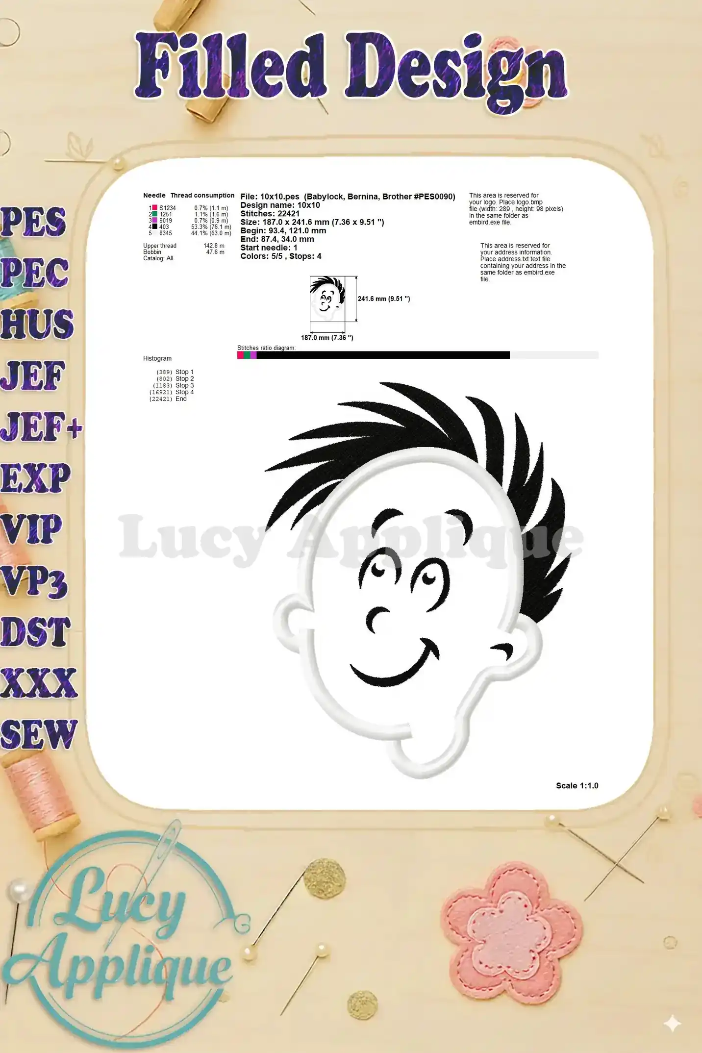 Detailed information about the filled applique design, including stitch count, dimensions, and needle type. Technical specifications are clearly shown.