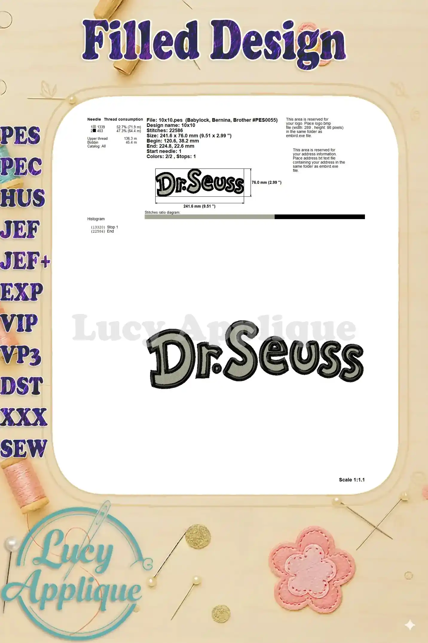 Detailed information about the Dr. Seuss filled embroidery design, including needle and thread information, hoop size, and other important details for successful stitching.