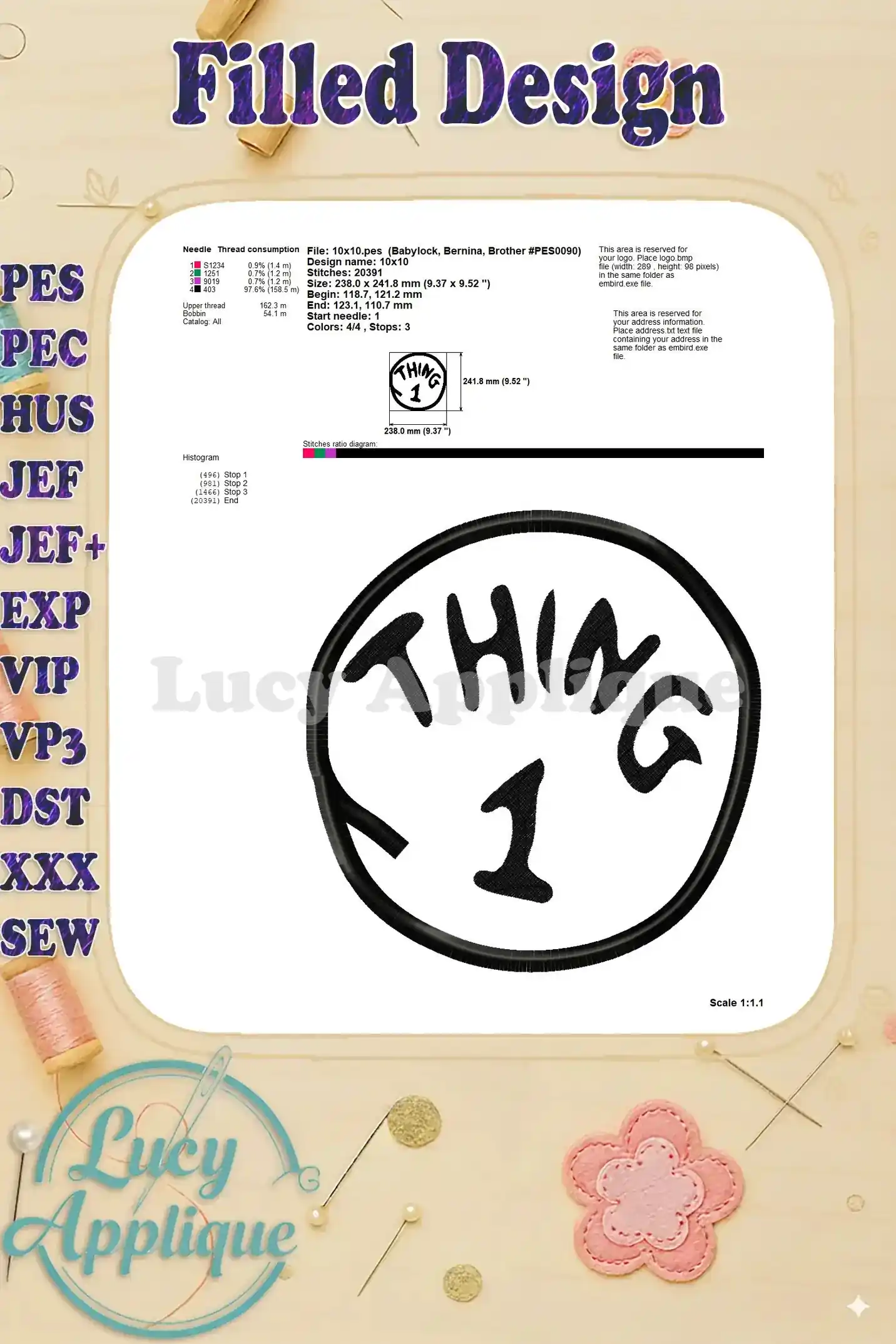 Detailed technical specifications and needle thread consumption chart for the Thing 1 applique embroidery design, along with a stitch diagram.