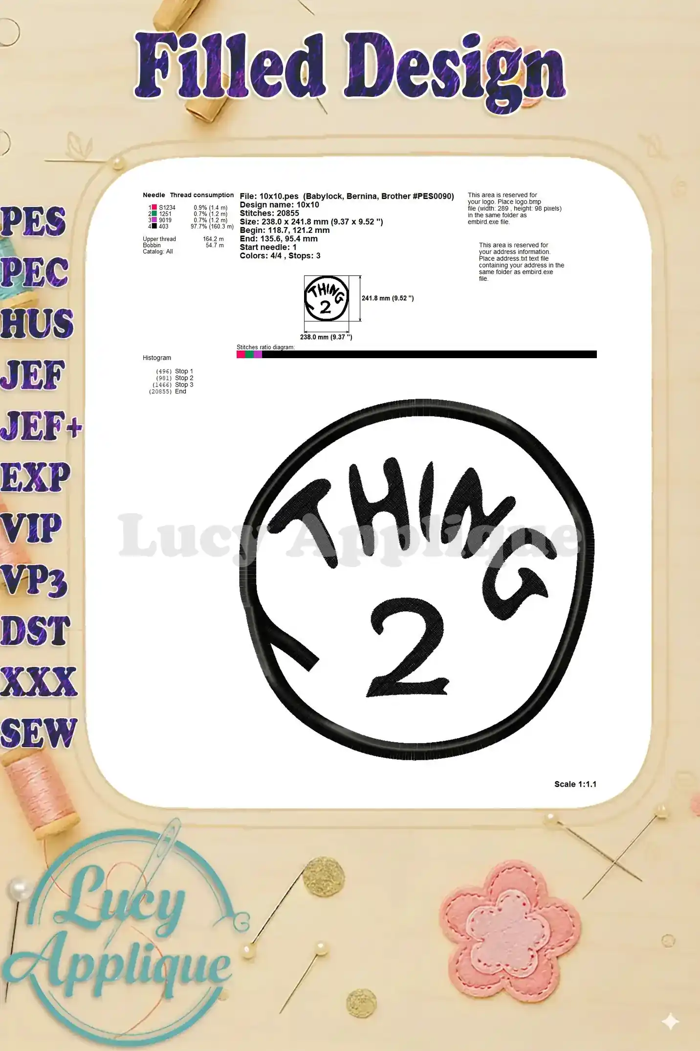 Detailed filled design image of Thing 2 applique, including needle consumption information and stitch diagram. Useful for planning your project.