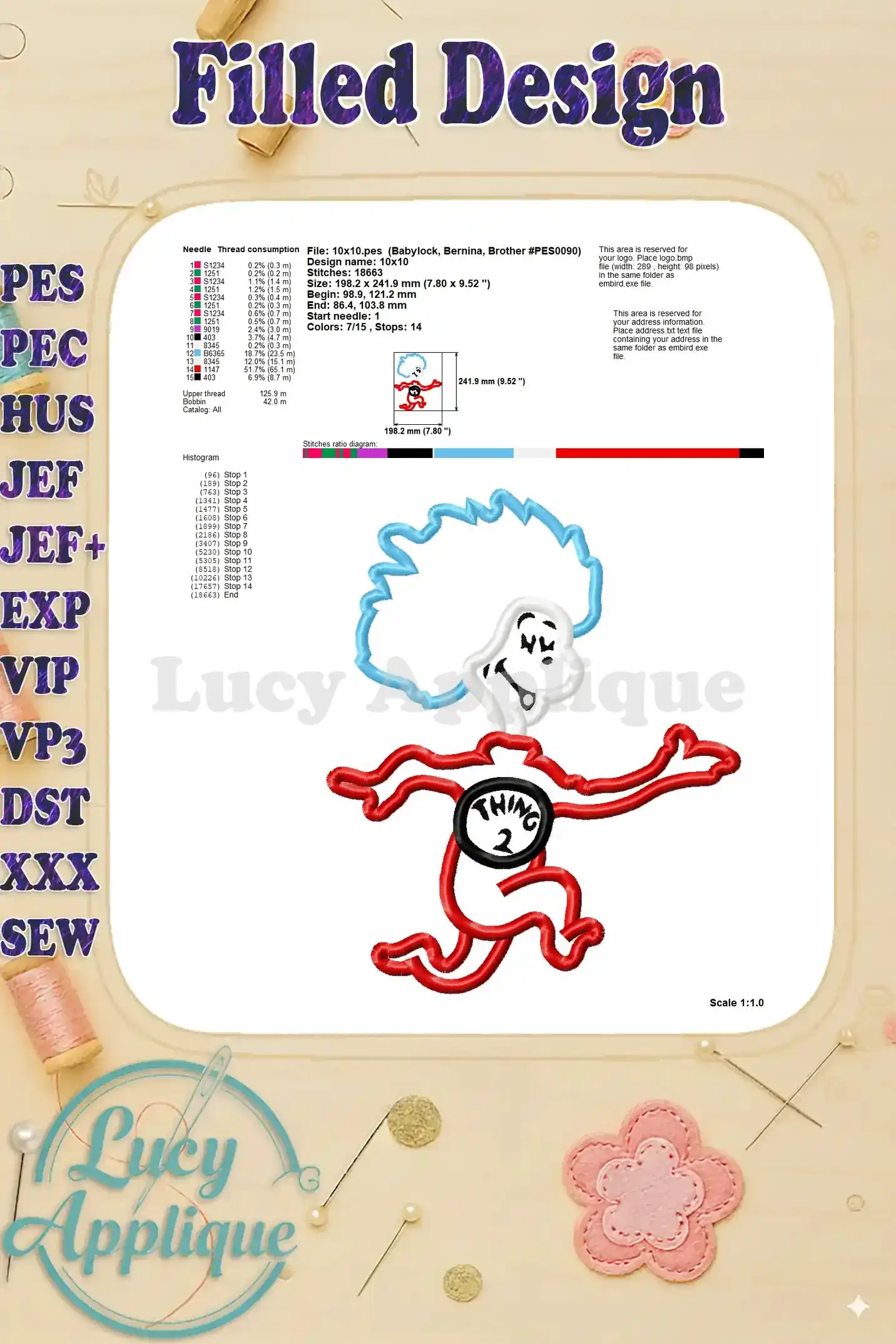 Detailed information about the filled Thing Two applique design, including thread consumption and stitch diagram.