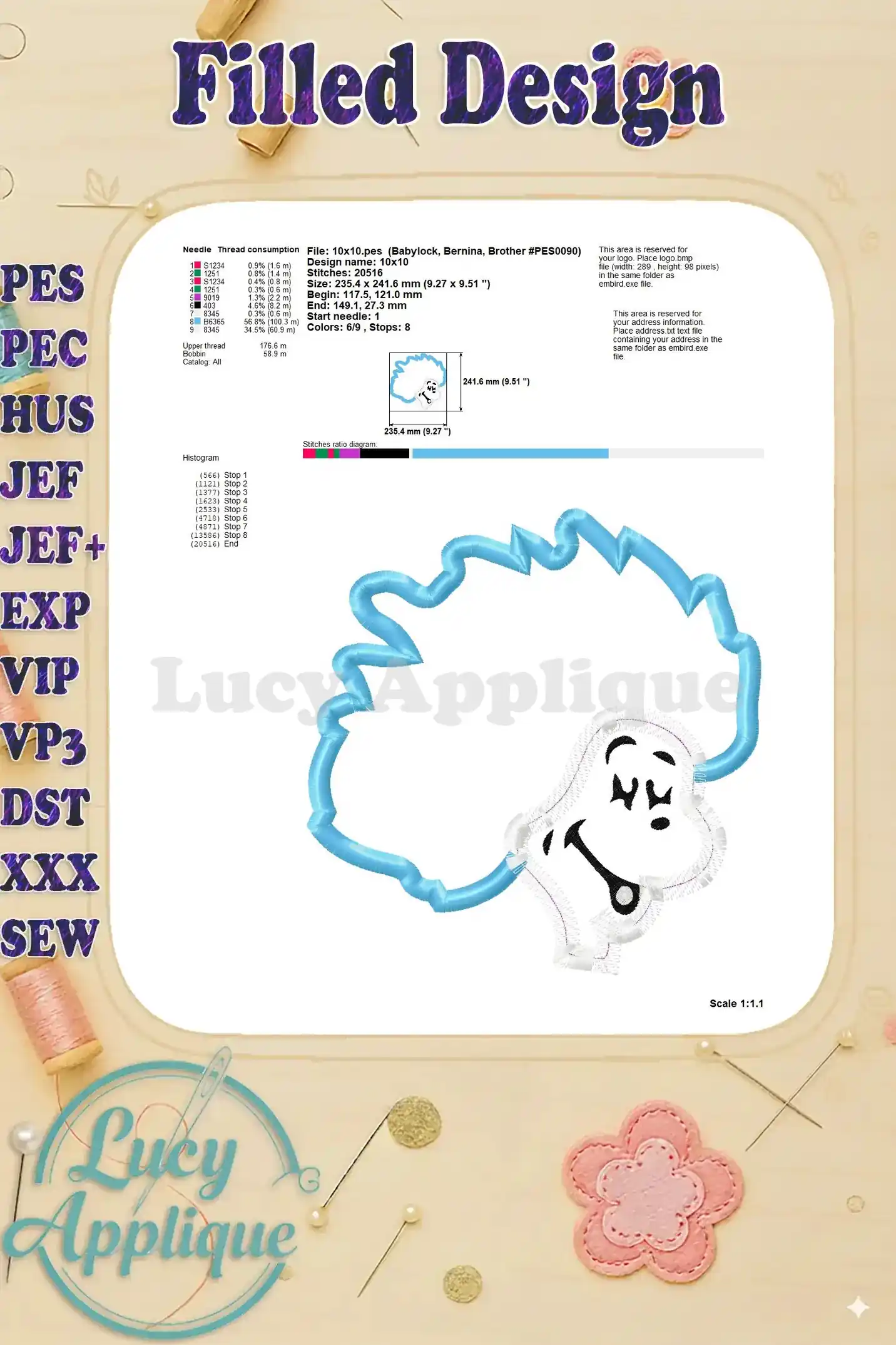 Detailed information on needle and thread consumption, stitch diagram, and design specifics for the Thing Two applique embroidery design. Helpful for planning.