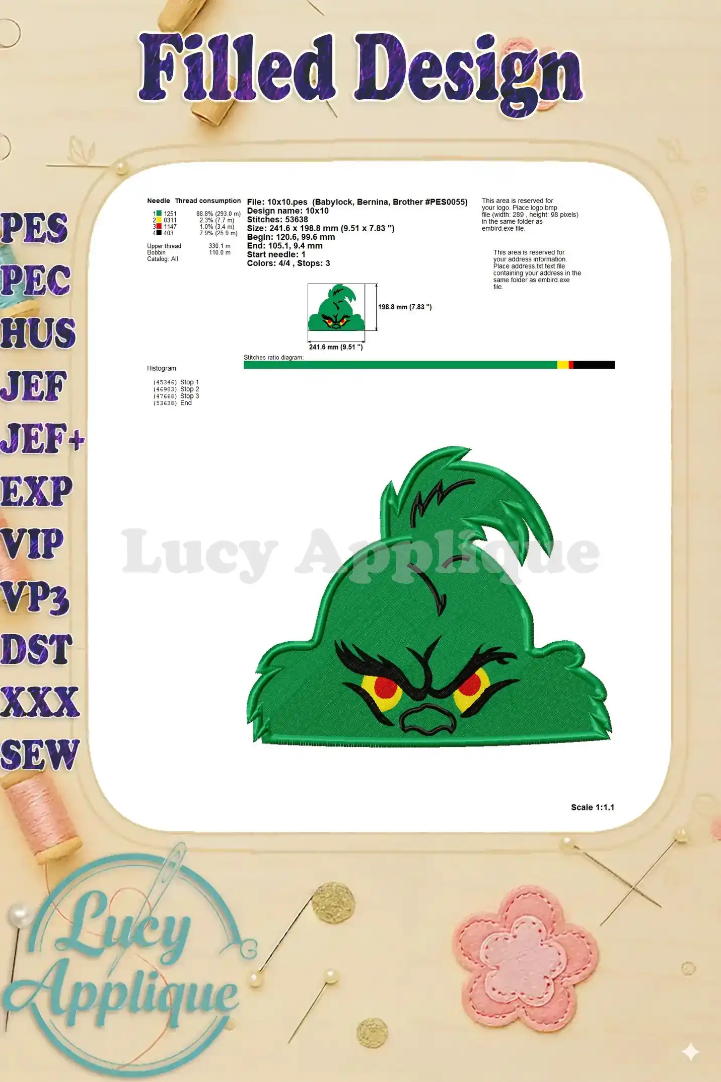 Another detailed view of the Grinch embroidery design, this time highlighting the stitch count and dimensions. This is helpful for planning your project.