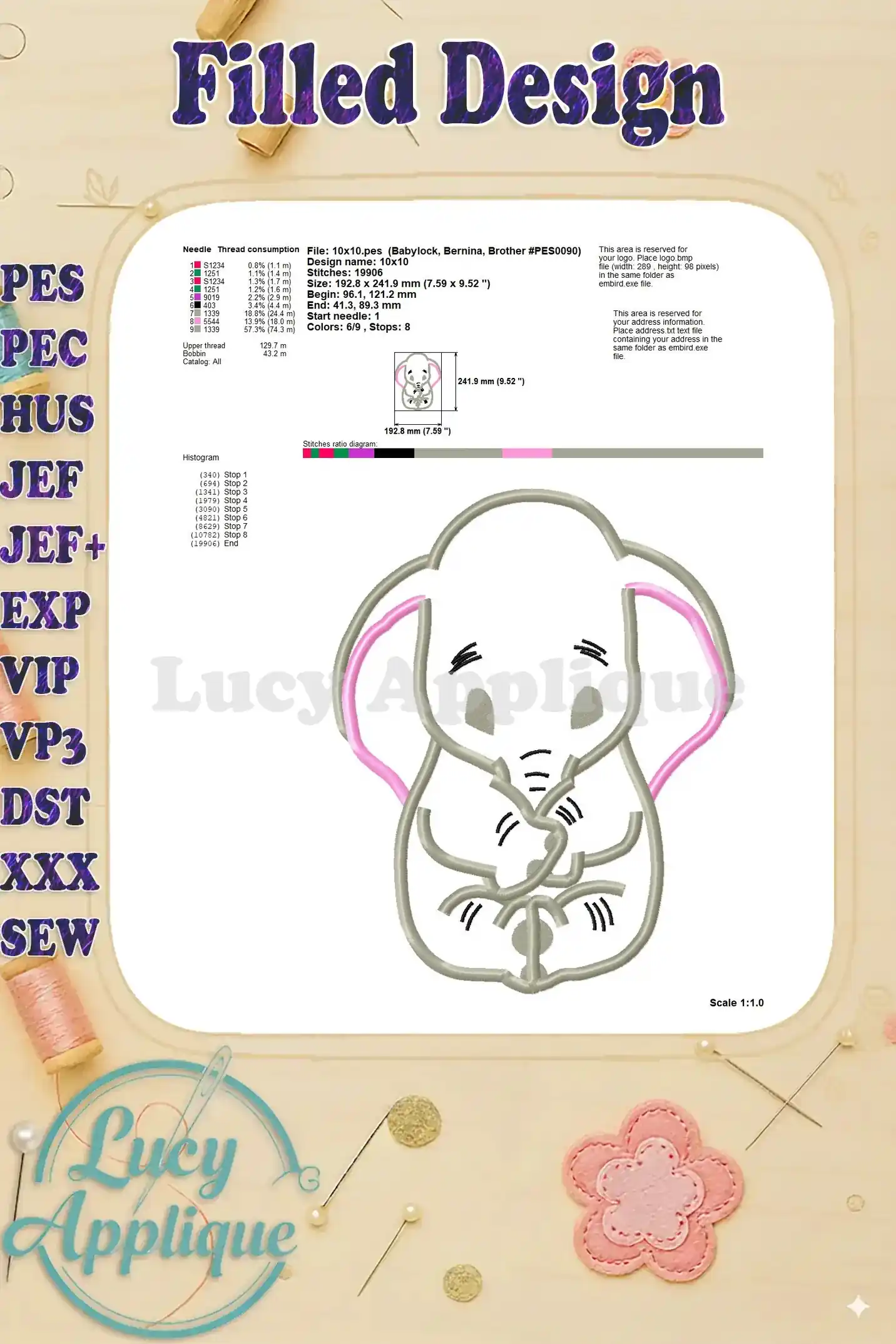 Detailed information on the Dumbo applique design, including thread consumption, stitch count and other technical details.