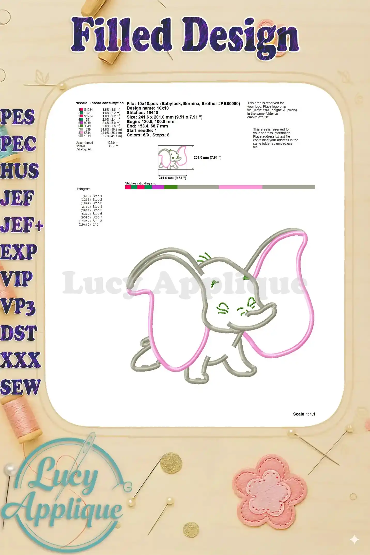 Detailed information about the Dumbo applique filled design, including the file type, dimensions, stitches, and thread consumption, catering to experienced embroiderers.