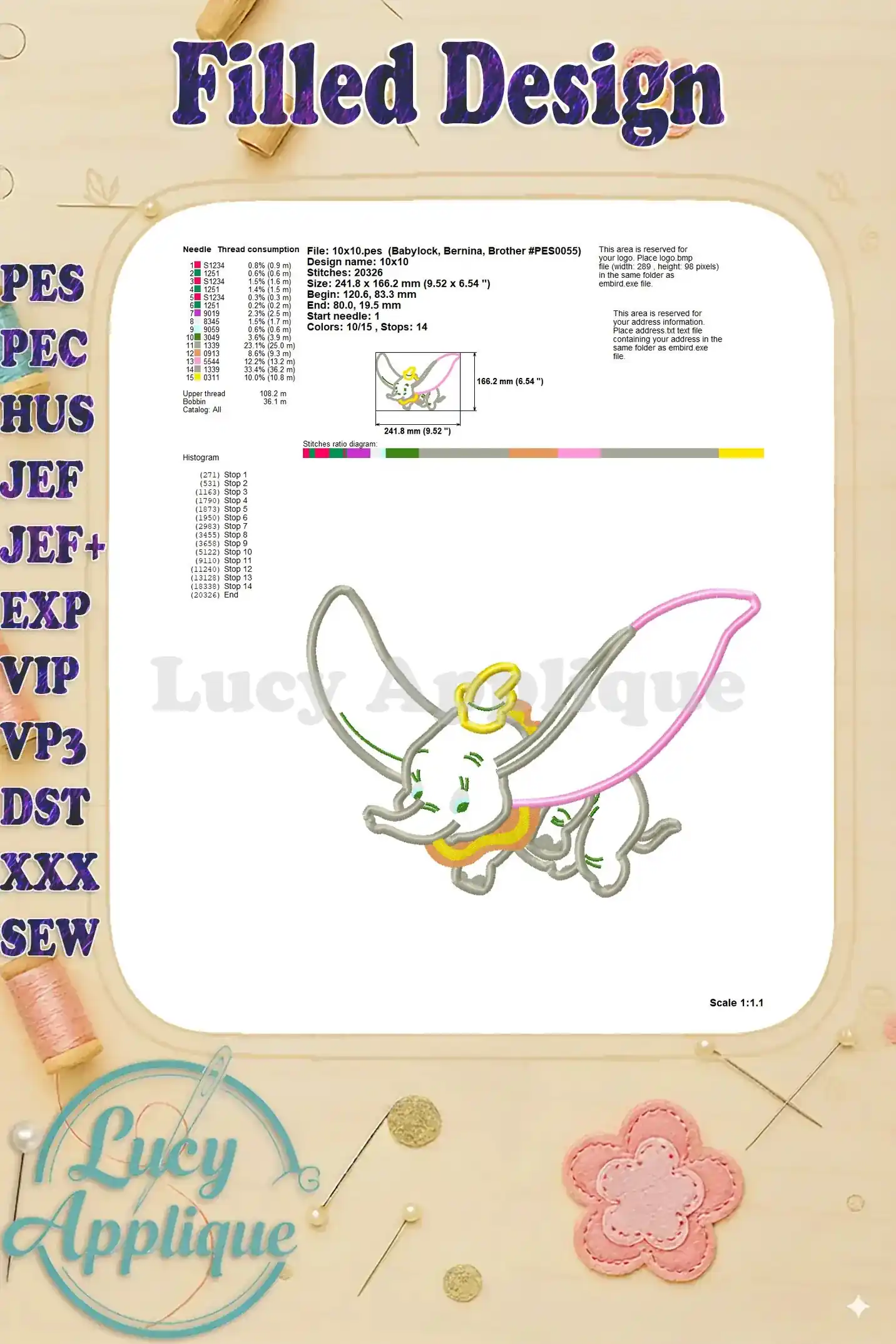 Detailed information on thread consumption, design size, and other technical specifications for the Dumbo filled design. Useful for planning your project.